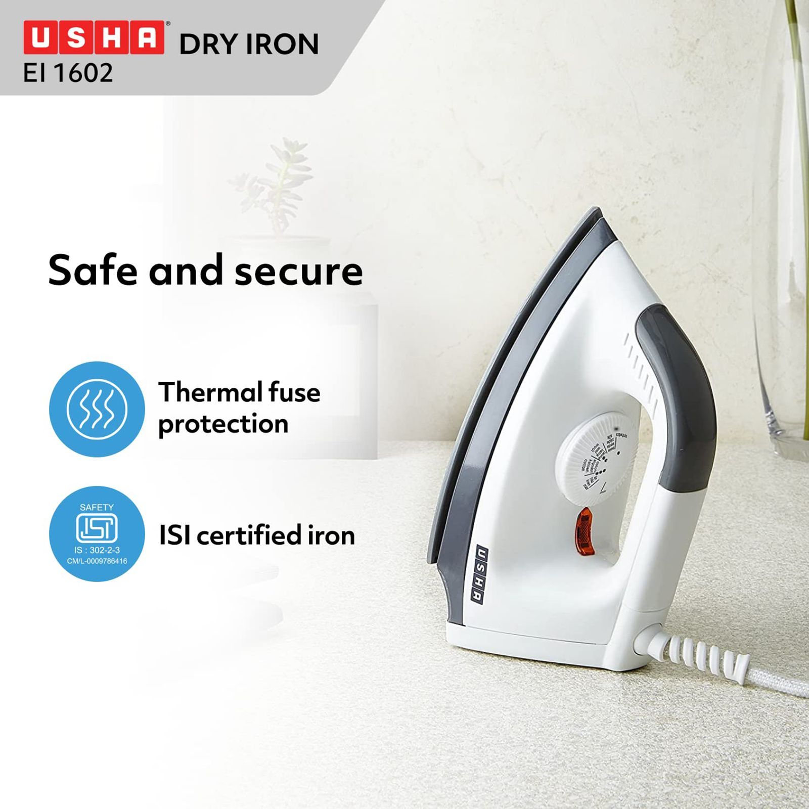 USHA EL 1602 1000 Watts Dry Iron (180 Degree Swivel Cord, White)_7