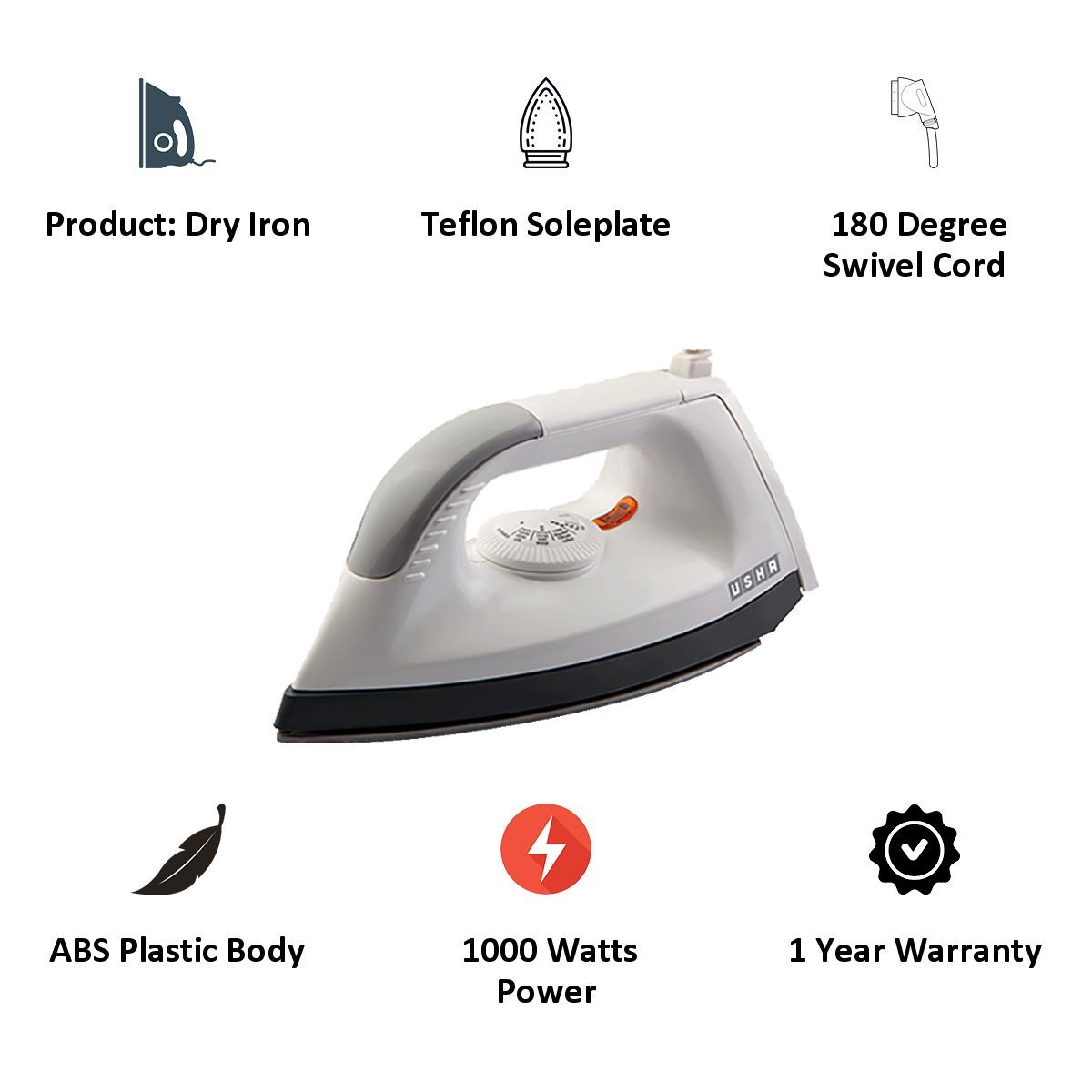 USHA EL 1602 1000 Watts Dry Iron (180 Degree Swivel Cord, White)_3