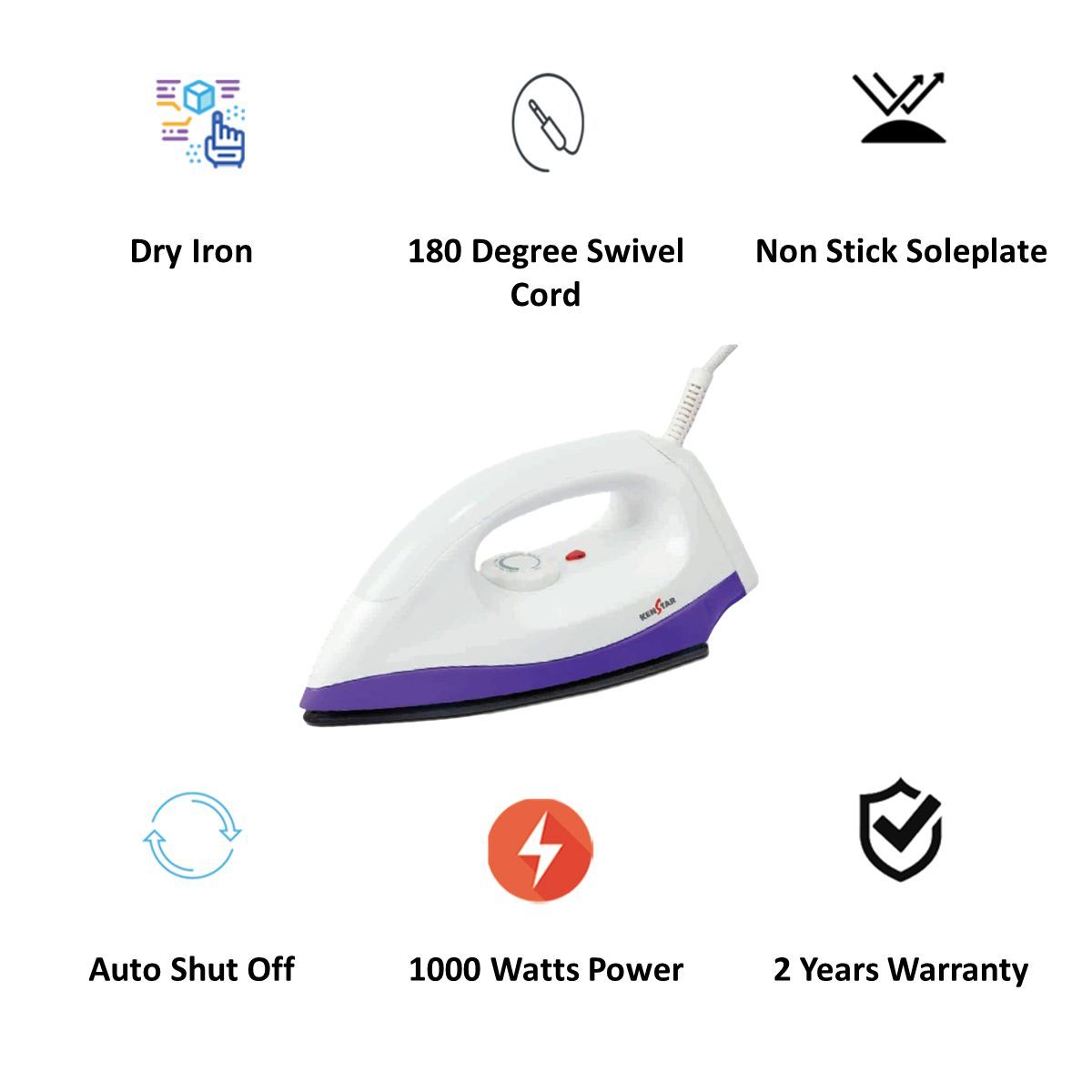 KENSTAR Satina 1000 Watt Dry Iron (KNSAT10P1P-DBM, White/Purple)_3