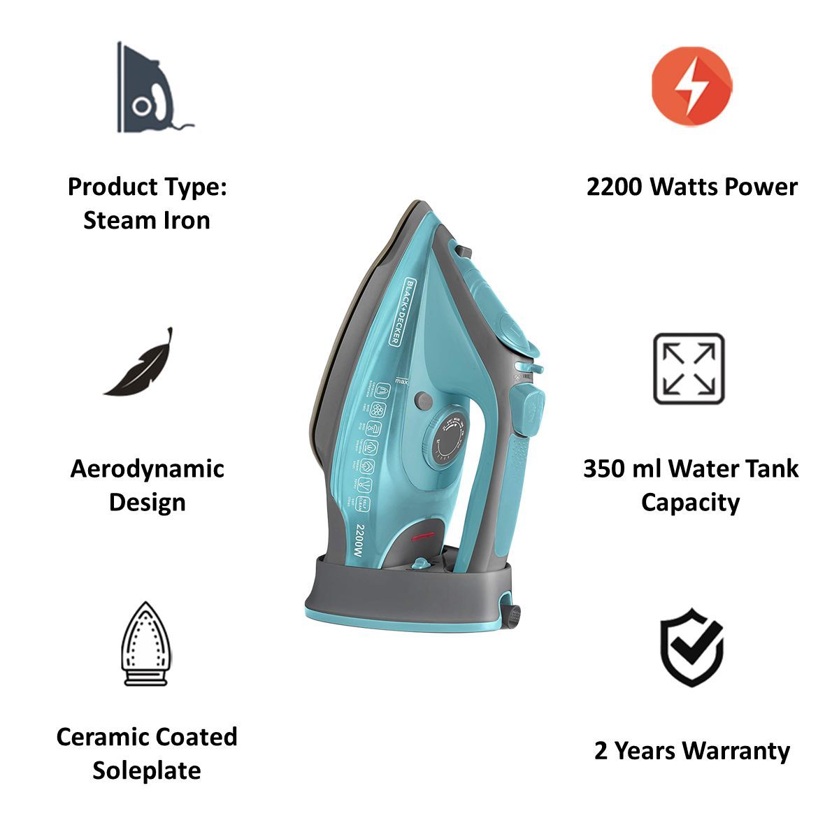 BLACK&DECKER BXIR2201IN 2200 Watt 350 ml Steam Iron (12940, Green)_5