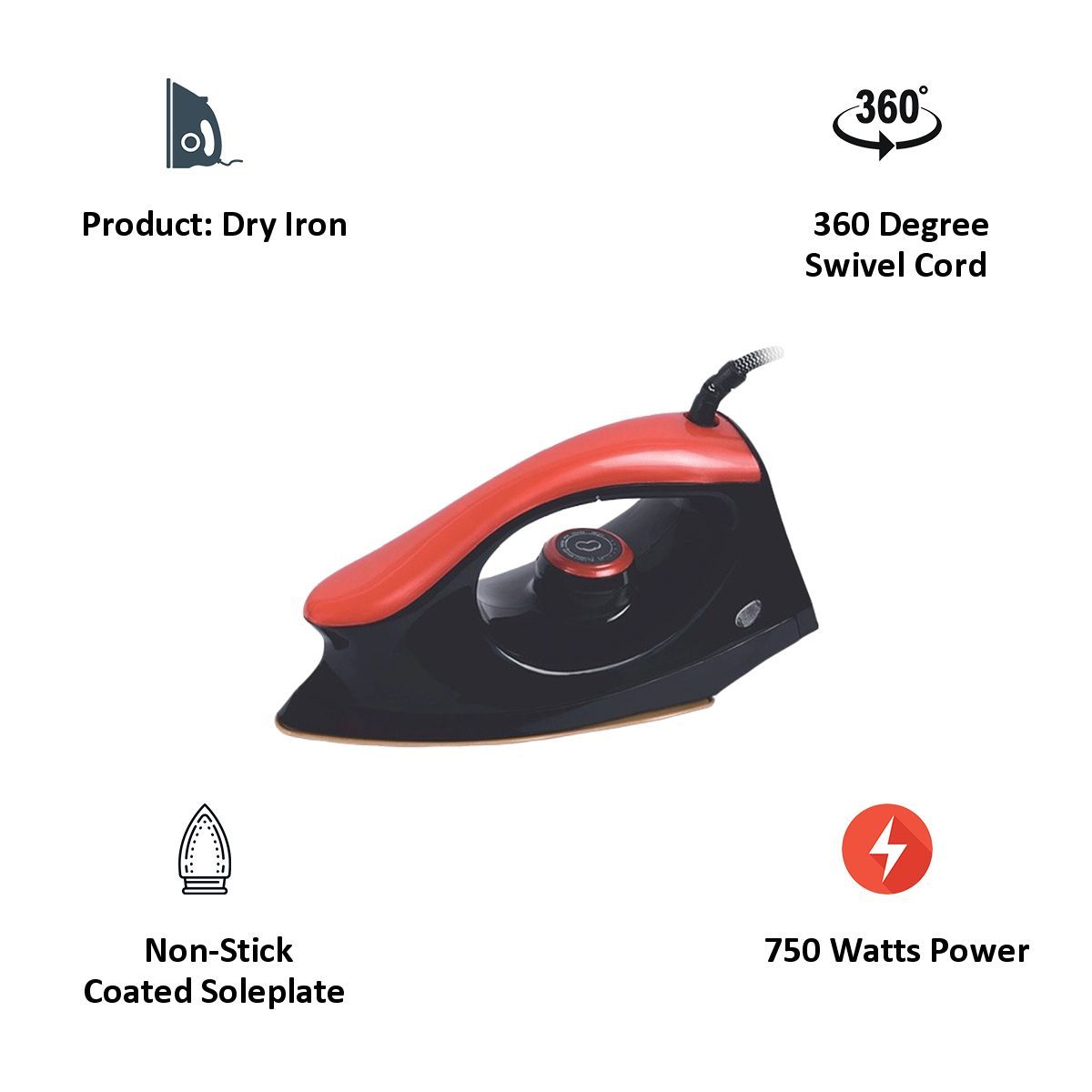 Sunflame Flair 750 Watts Dry Iron (Automatic Temperature Control, Black & Red)_3