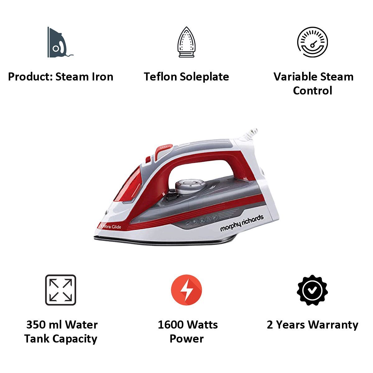 Morphy Richards Ultra Glide 1600 Watts 350ml Steam Iron (Vertical and Horizontal Ironing, Red)_5