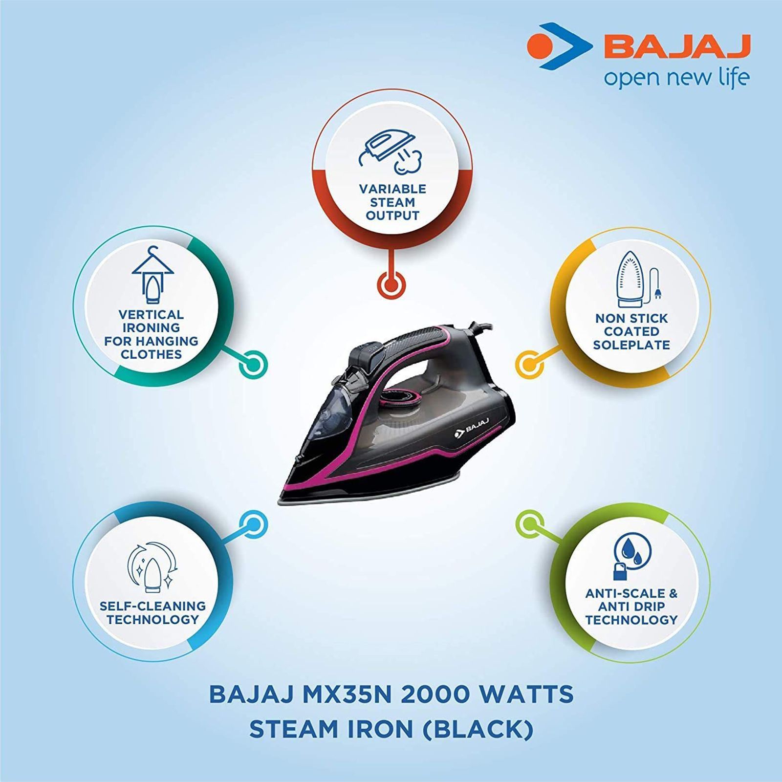 BAJAJ MX-35N 2000 Watts 210ml Steam Iron (Vertical & Horizontal Ironing, Black) BAJAJ MX-35N 2000 Watts 210ml Steam Iron (Vertical & Horizontal Ironing, Black)_9