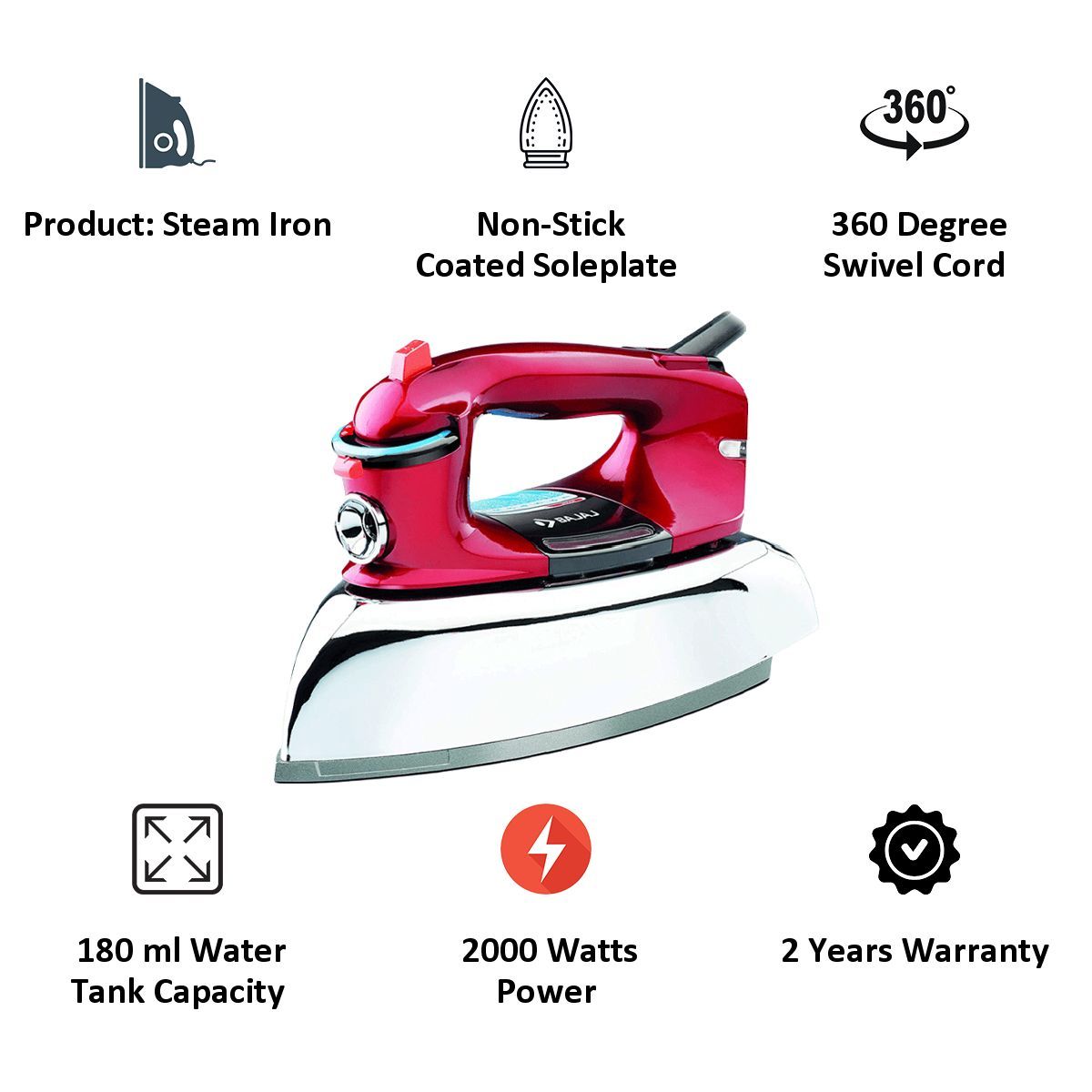 BAJAJ Majesty Macho 2000 Watts 100ml Steam Iron (Anti-Scale Technology, Red)_6