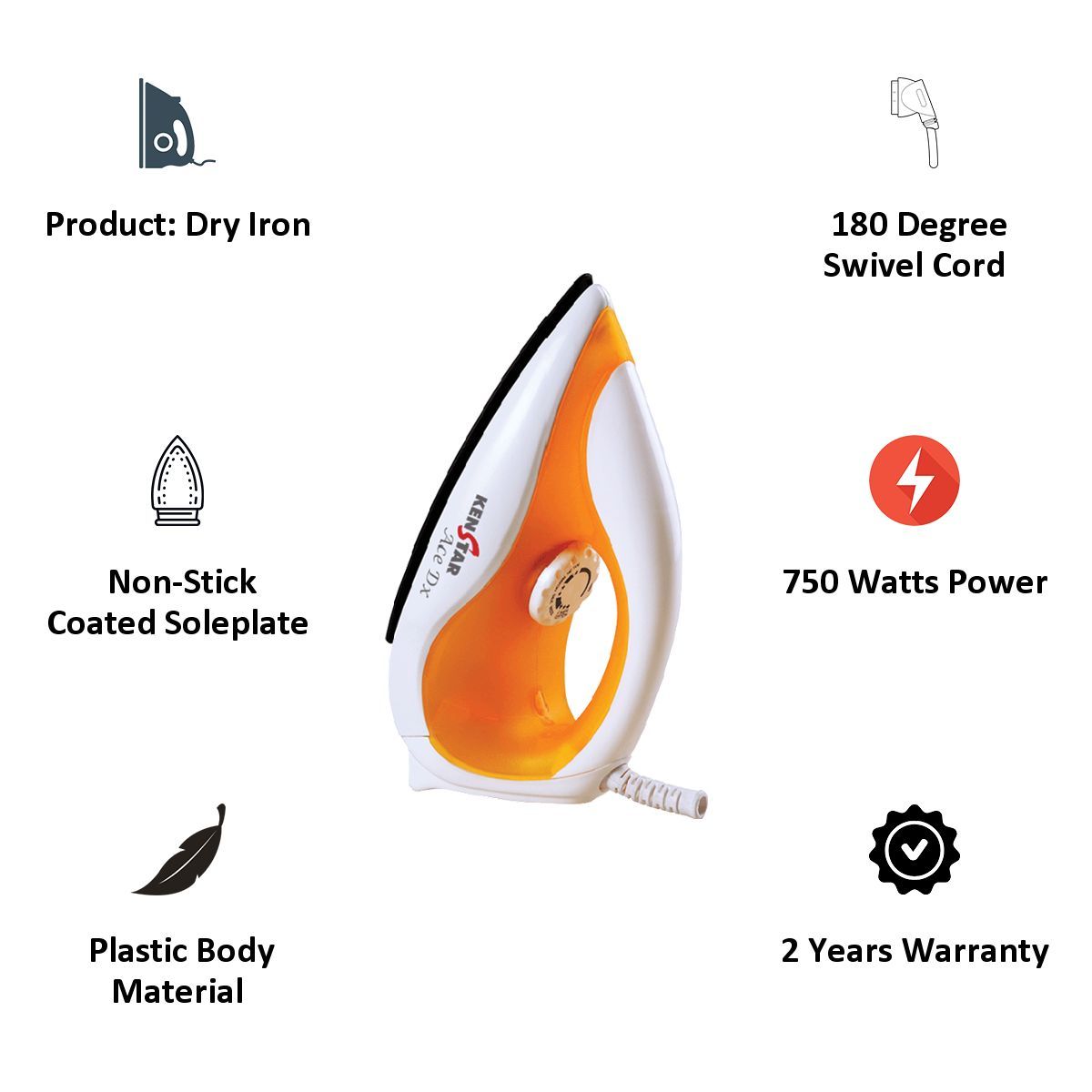 KENSTAR 750 Watt Dry Iron (Ace Dx, Orange) KENSTAR 750 Watt Dry Iron (Ace Dx, Orange)_3
