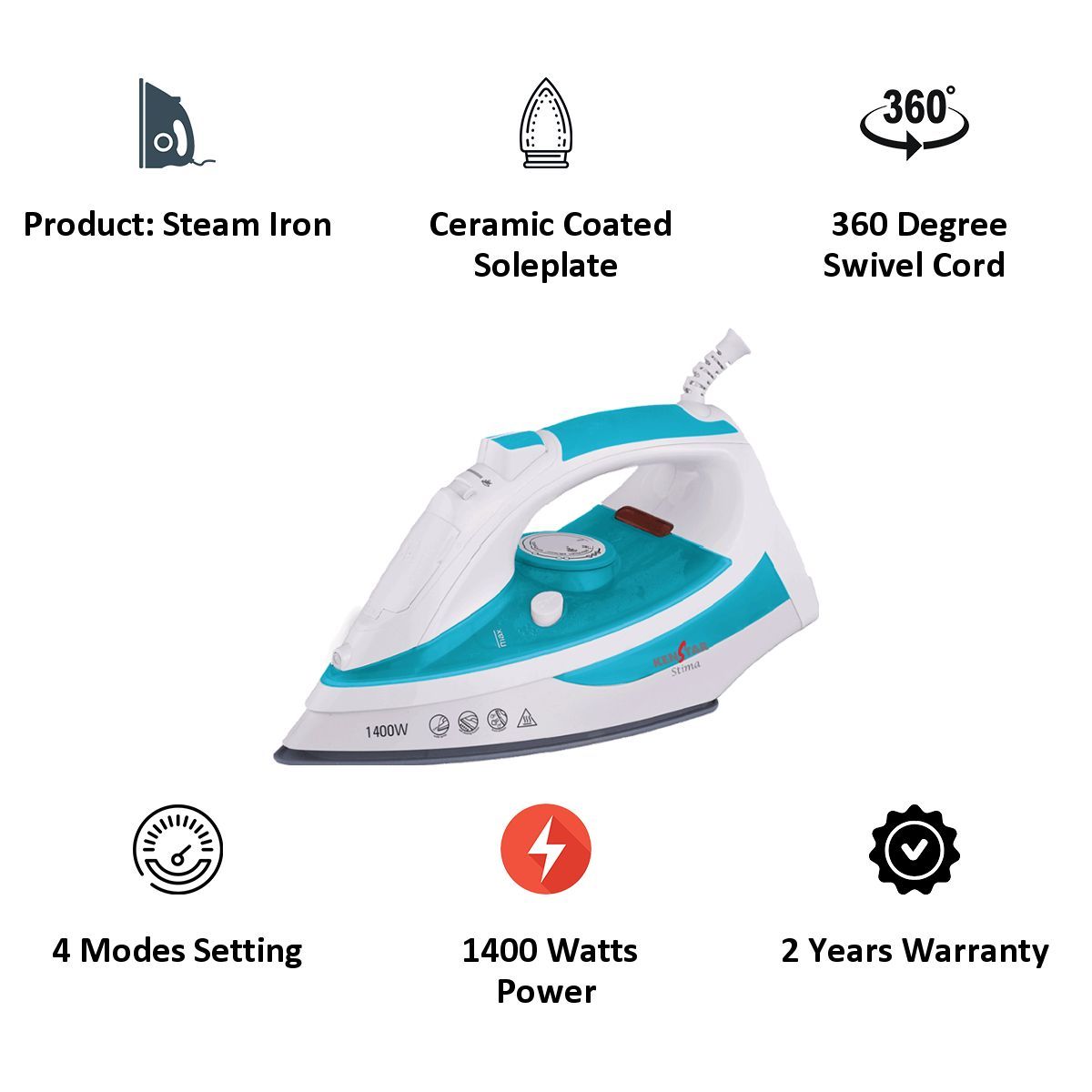 KENSTAR Stima 1400 Watts Steam Iron (Vertical Steam Function, Blue)_3