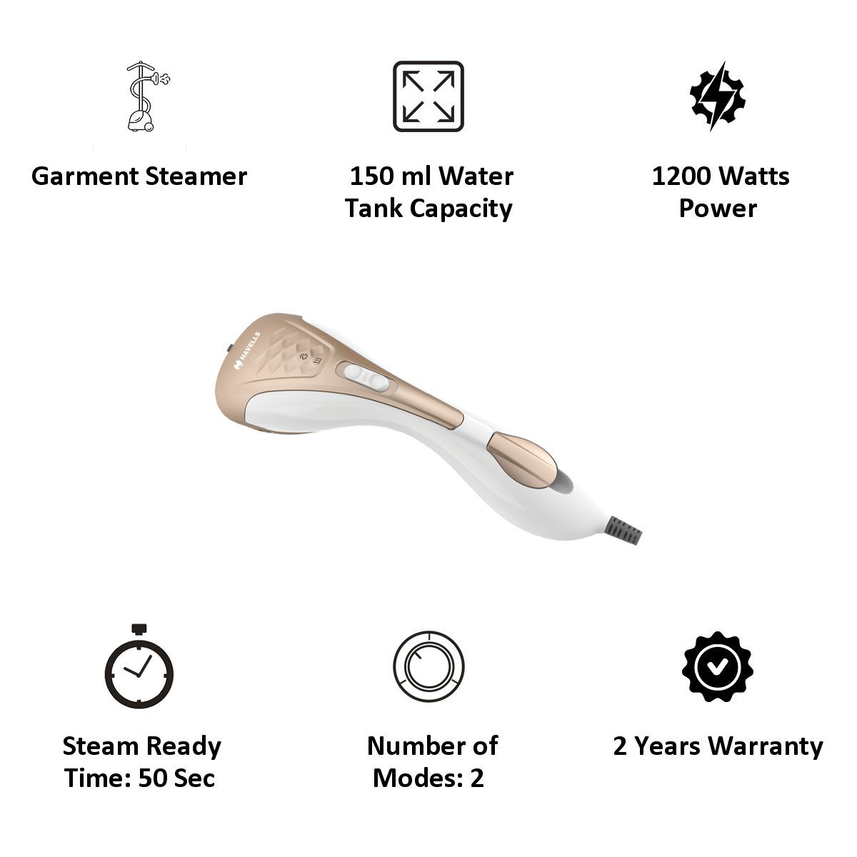 HAVELLS Elegance 1200 Watts Handheld Garment Steamer (150ml Water Tank, 2 Mode, Gold)_3