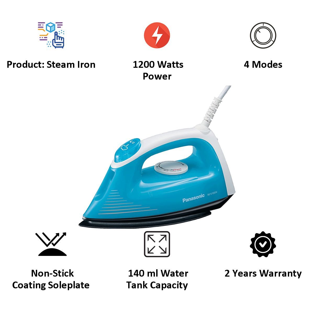 Panasonic 1200 Watts 140ml Steam Iron (Non-stick Coating, NI-V100NAARM, Blue) Panasonic 1200 Watts 140ml Steam Iron (Non-stick Coating, NI-V100NAARM, Blue)_7