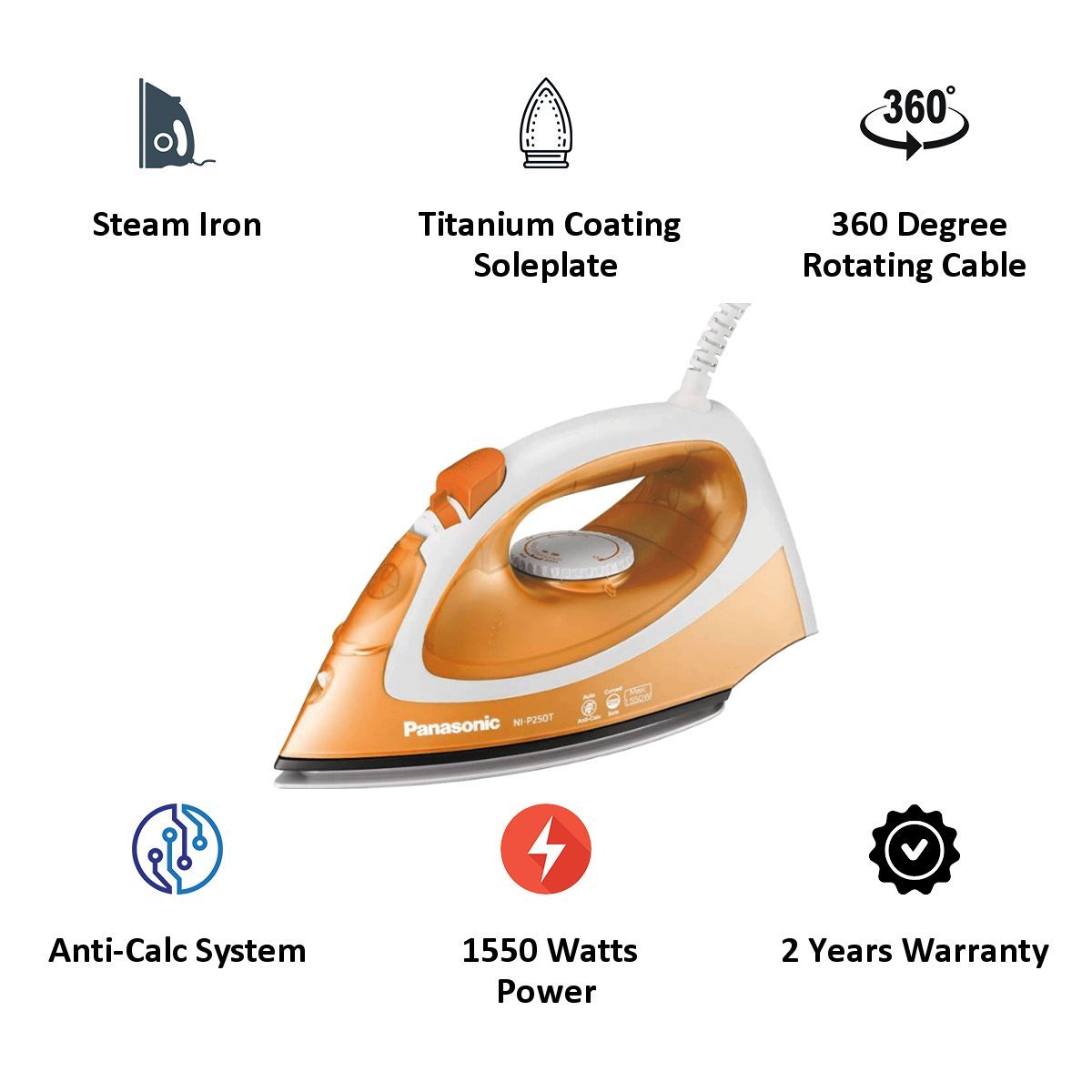 Panasonic 1550 Watt Steam Iron (NI-P250TTSM, Orange)_6