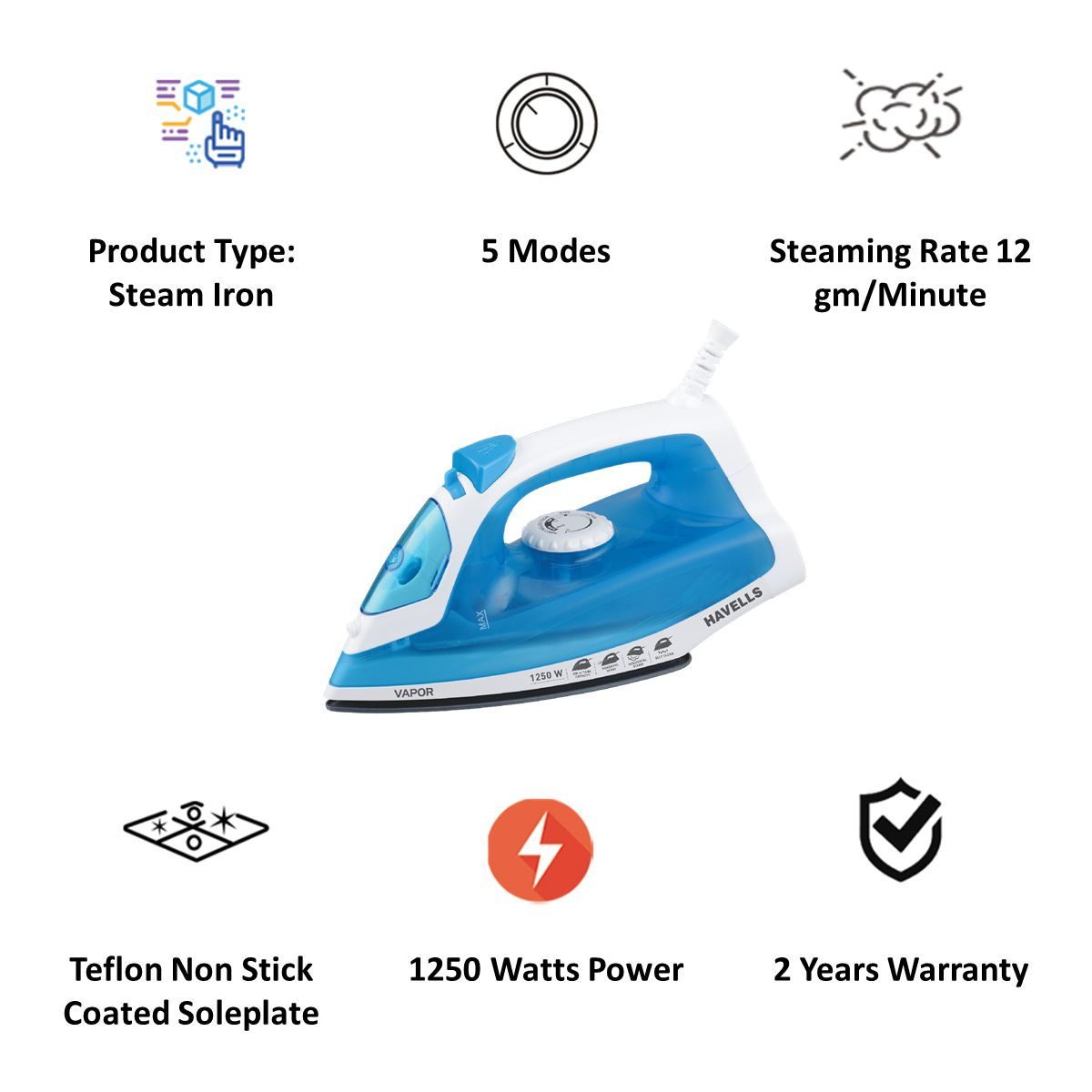 HAVELLS Vapor 1250 Watts 200ml Steam Iron (Vertical & Horizontal Ironing, Blue)_3