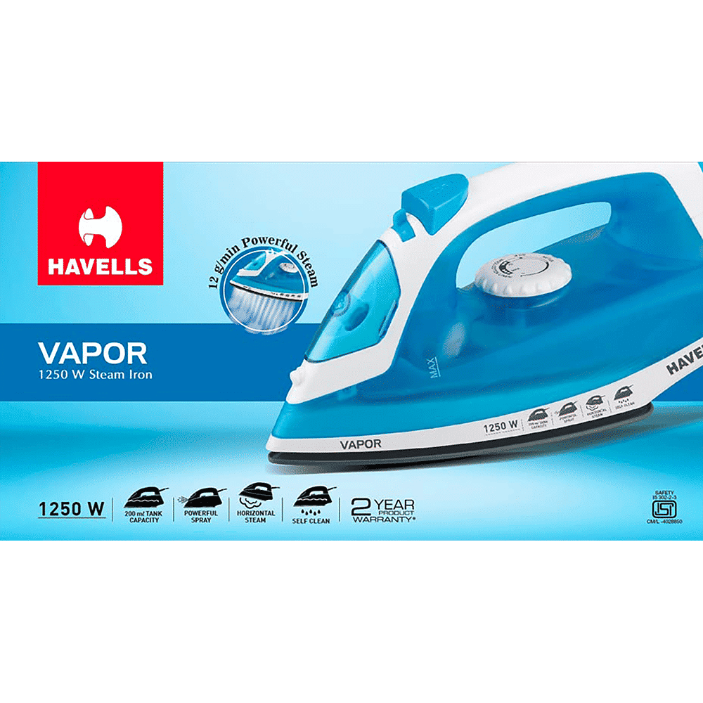 HAVELLS Vapor 1250 Watts 200ml Steam Iron (Vertical & Horizontal Ironing, Blue)_8