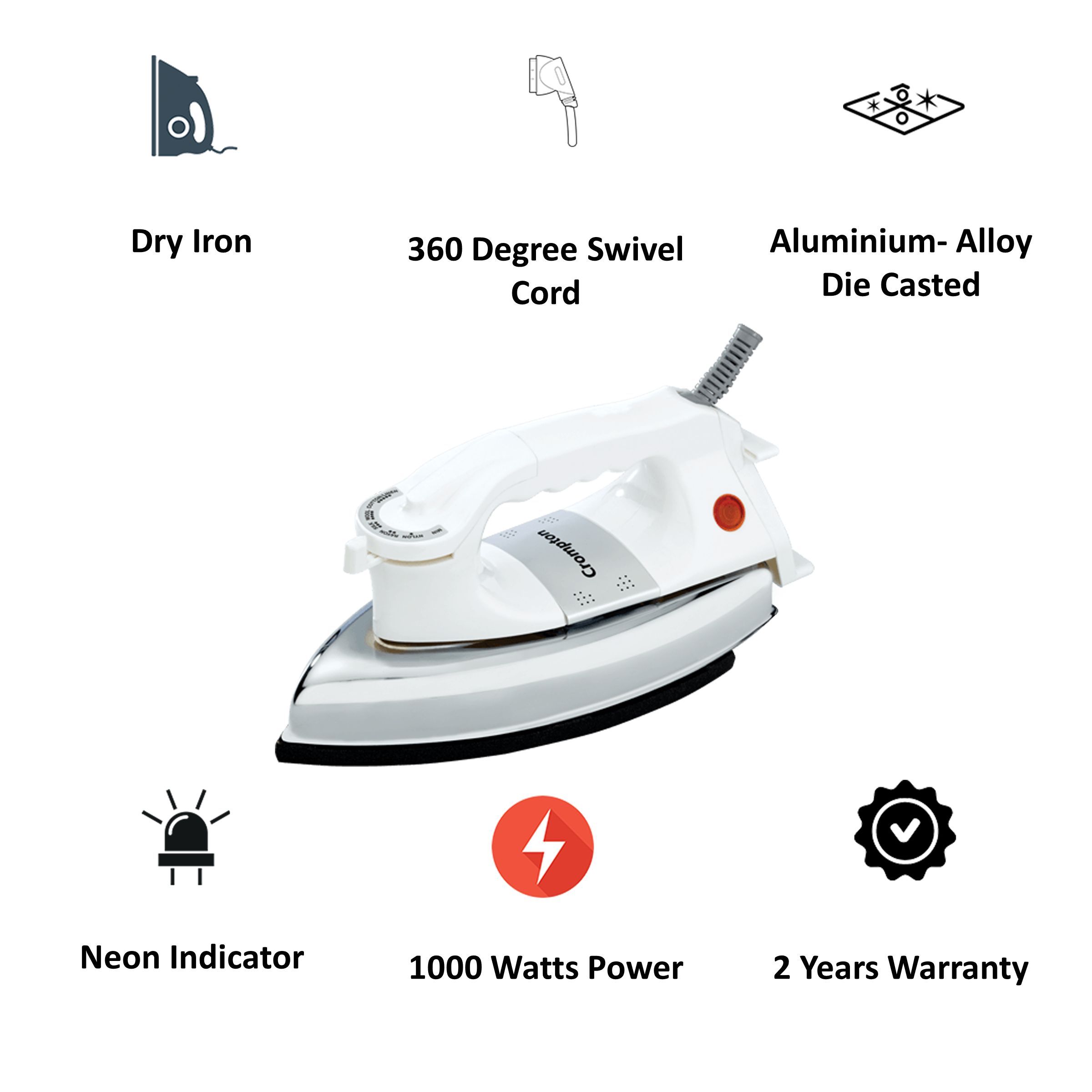 Crompton Rhino 1000 Watts Dry Iron (6 Fabric Settings, White)_5