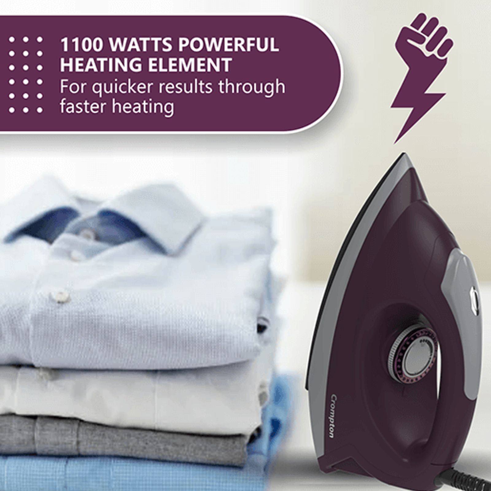 Crompton Pebble 1100 Watts Dry Iron (6 Fabric Settings, Purple) Crompton Pebble 1100 Watts Dry Iron (6 Fabric Settings, Purple)_6