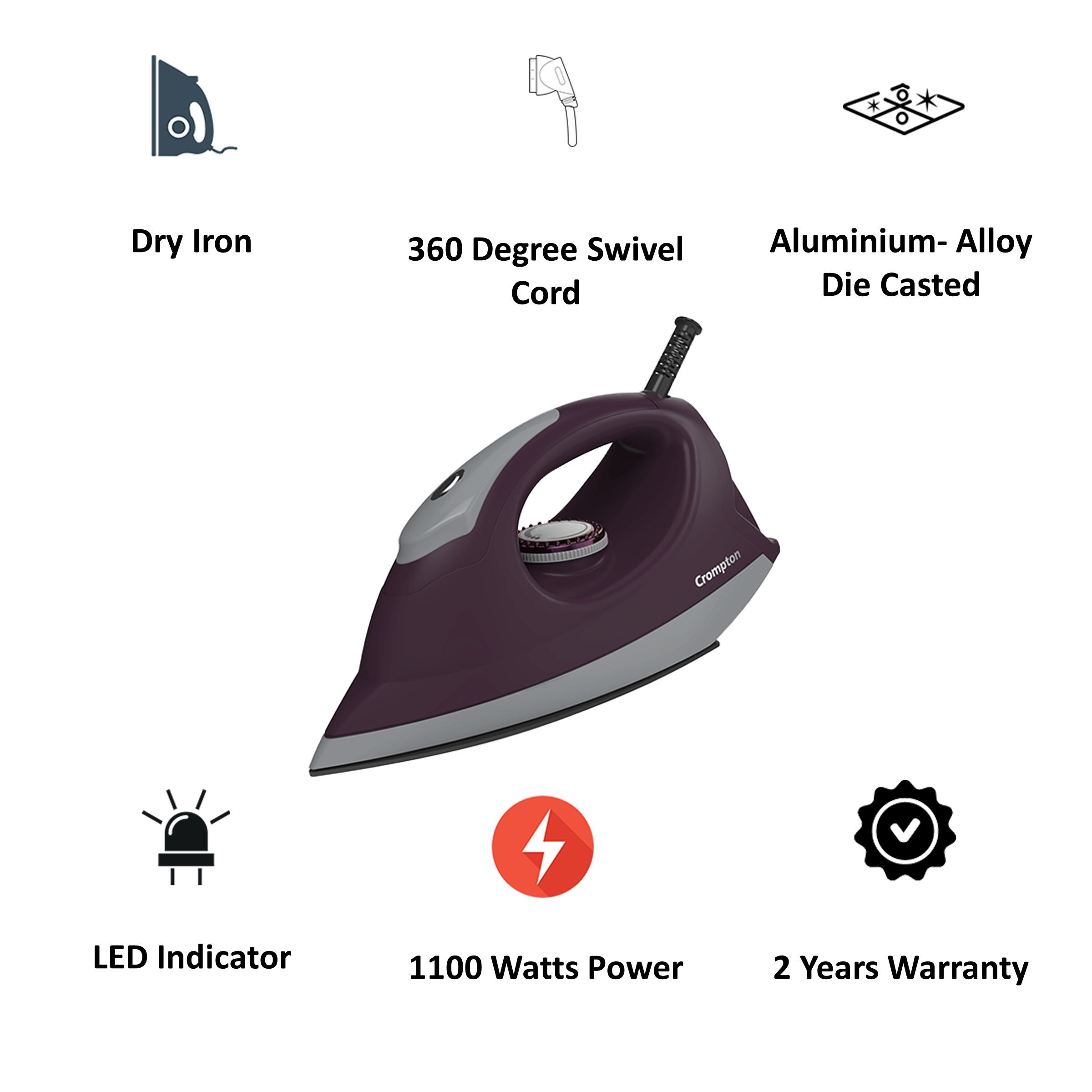 Crompton Pebble 1100 Watts Dry Iron (6 Fabric Settings, Purple) Crompton Pebble 1100 Watts Dry Iron (6 Fabric Settings, Purple)_4