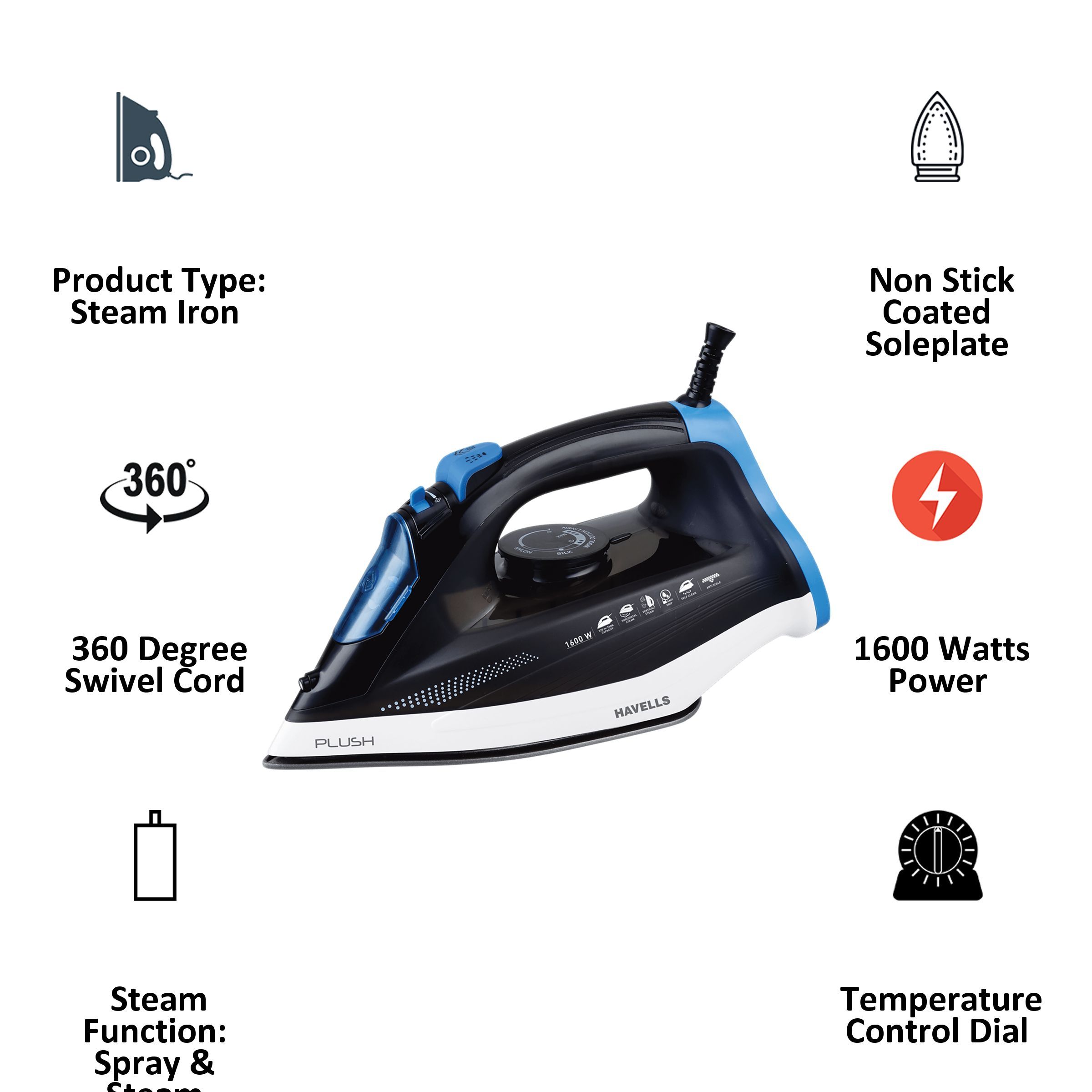 HAVELLS Plush 1600 Watts 320ml Steam Iron (Horizontal & Vertical Steaming, Black) HAVELLS Plush 1600 Watts 320ml Steam Iron (Horizontal & Vertical Steaming, Black)_6
