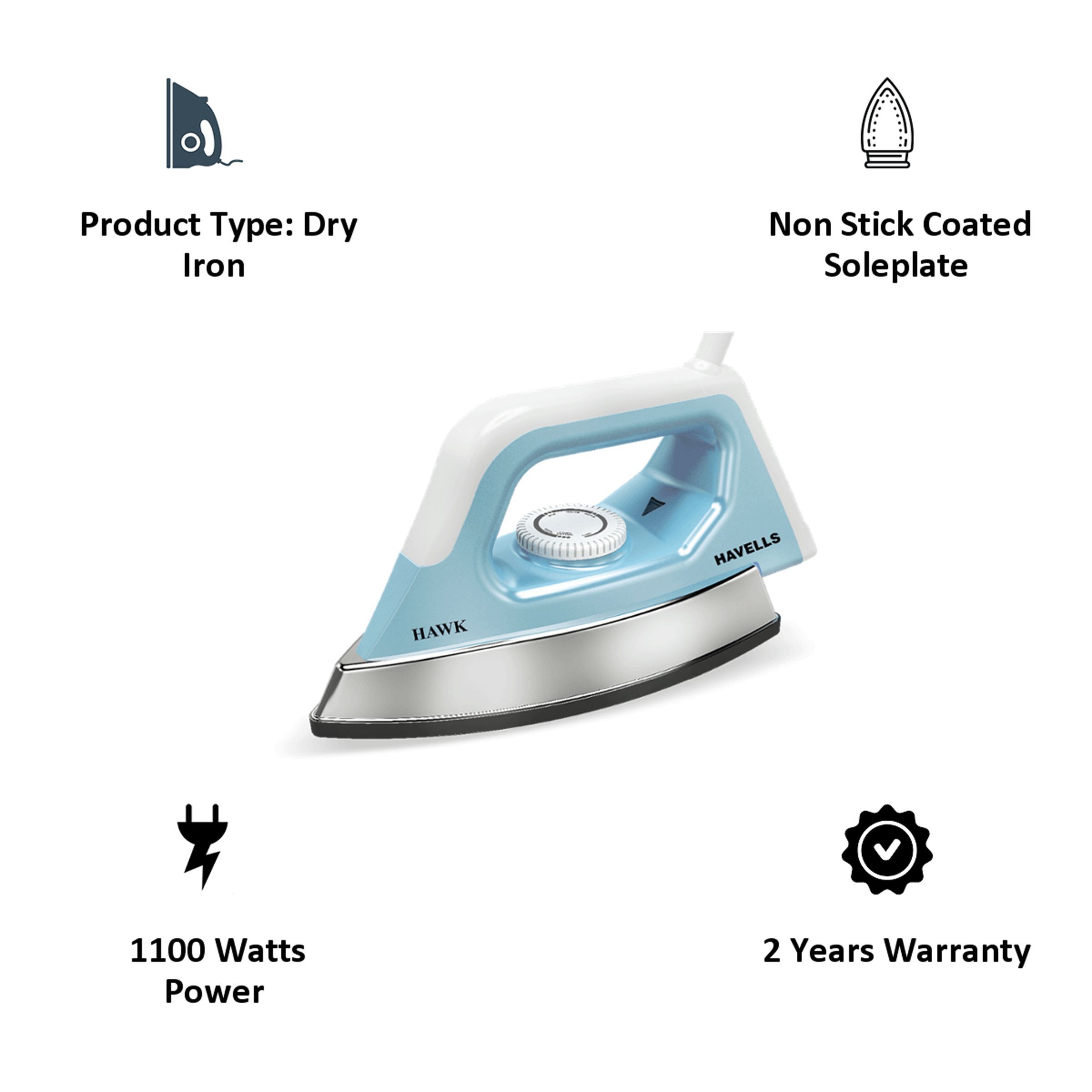 HAVELLS Hawk 1100 Watts Dry Iron (Thermal Fuse, Blue & White)_3