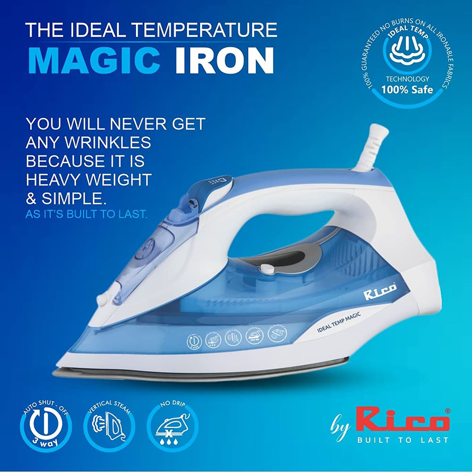 Rico Ideal Temperature Magic 2200 Watts 300ml Steam Iron (SI2111, White/Blue)_6