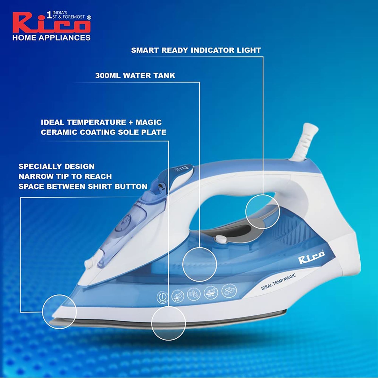 Rico Ideal Temperature Magic 2200 Watts 300ml Steam Iron (SI2111, White/Blue)_7