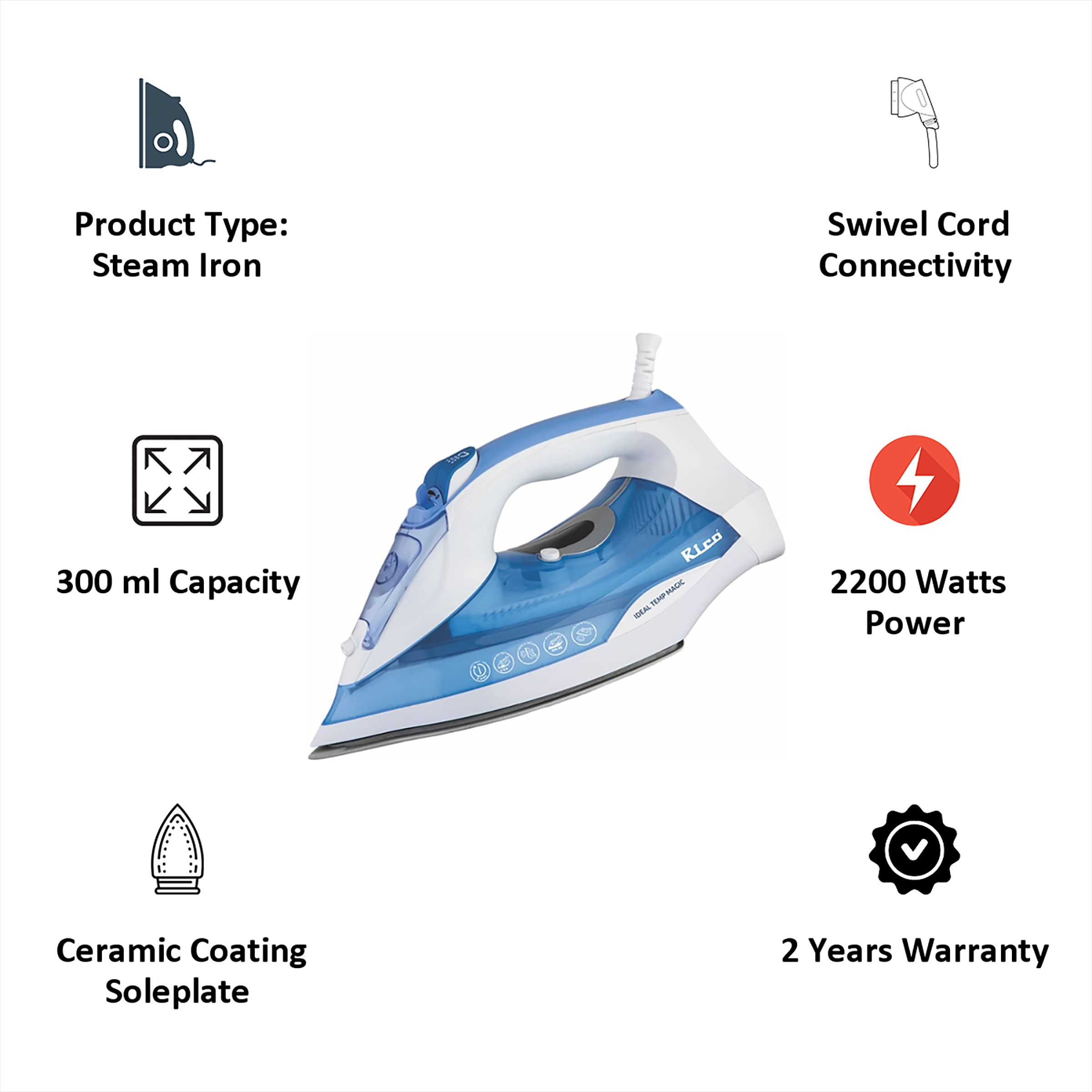 Rico Ideal Temperature Magic 2200 Watts 300ml Steam Iron (SI2111, White/Blue)_4