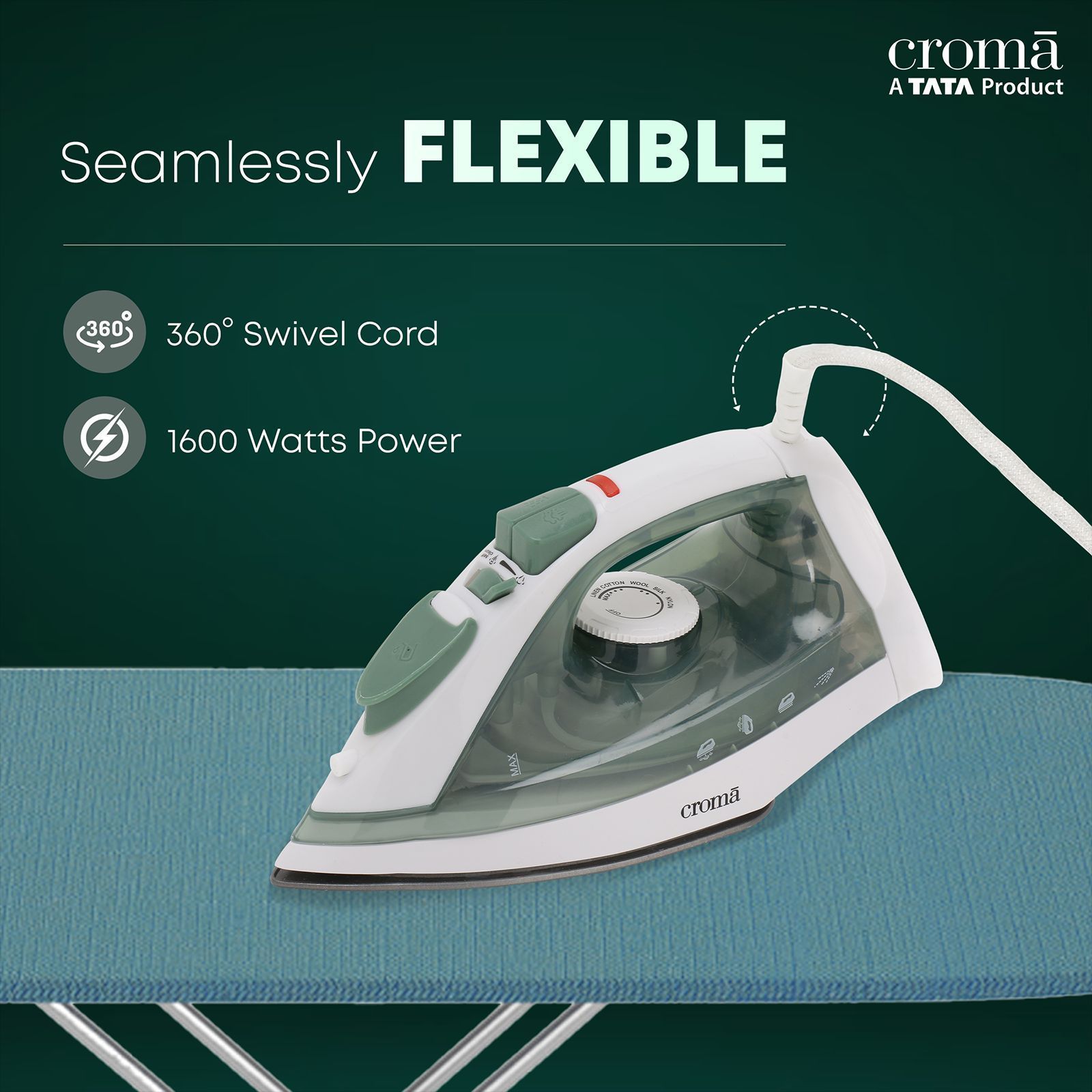 Croma 1600 Watts 210ml Steam Iron (360 Degree Swivel Cord, Grey)_3