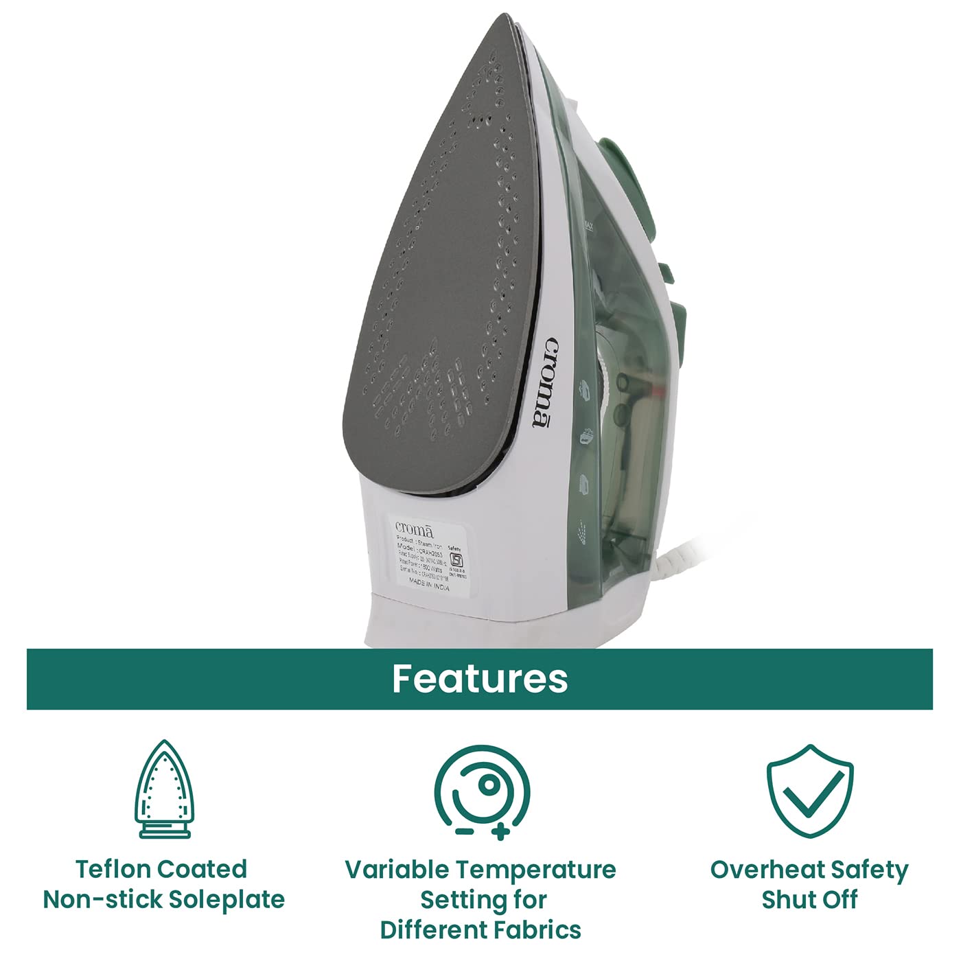 Croma 1600 Watts 210ml Steam Iron (360 Degree Swivel Cord, Grey)_7