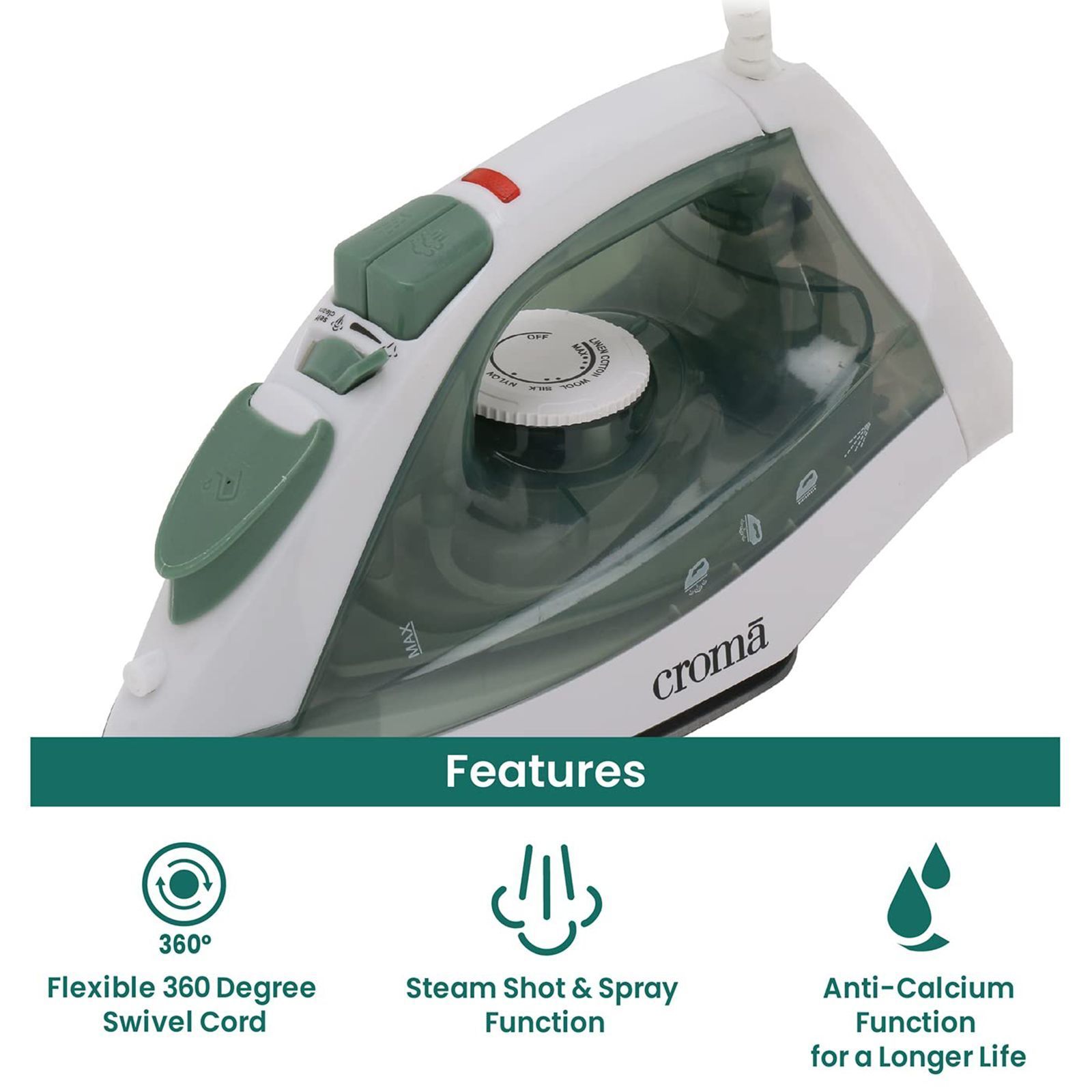 Croma 1600 Watts 210ml Steam Iron (360 Degree Swivel Cord, Grey)_8