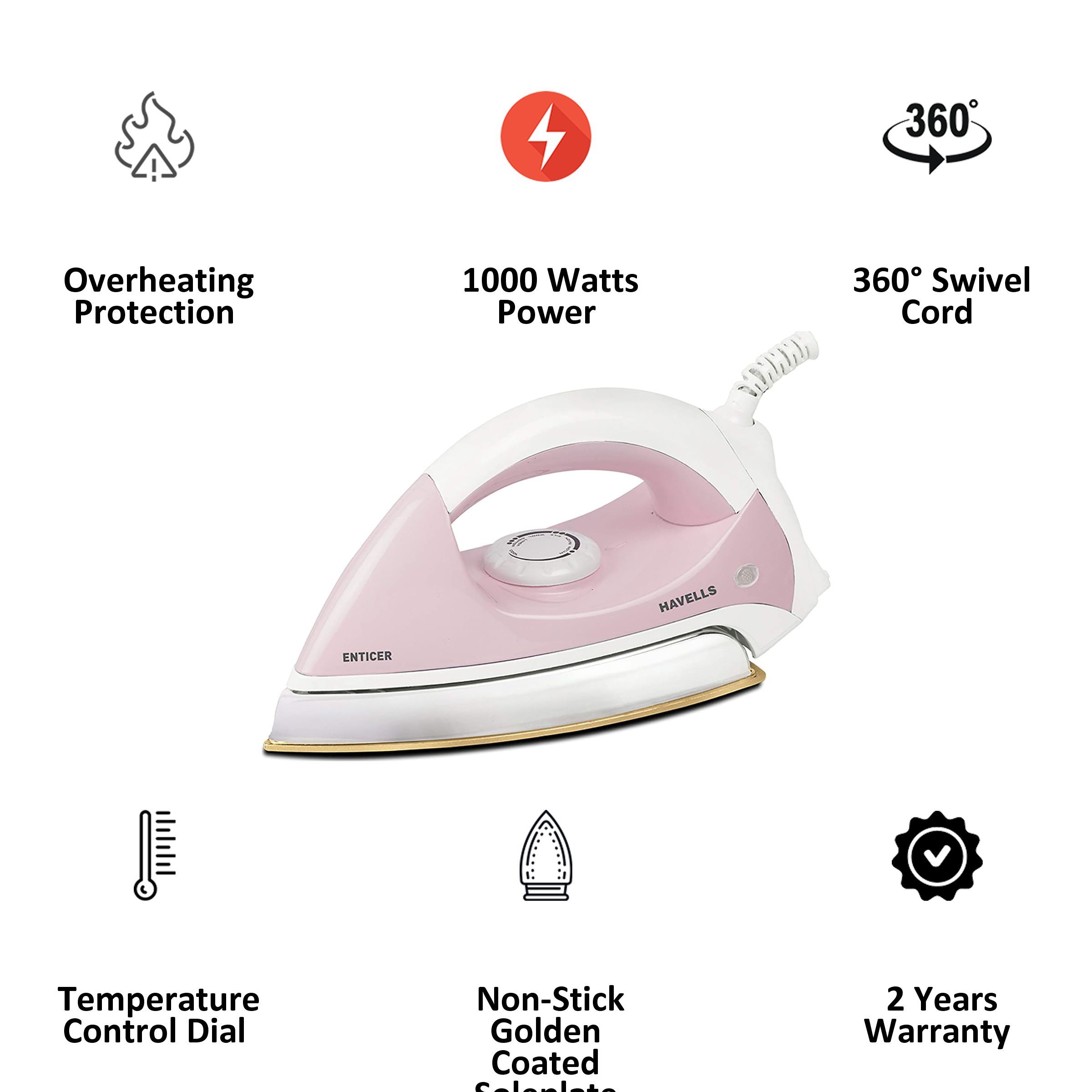 HAVELLS Enticer 1000 Watts Dry Iron (GHGDIAZP100, Rose Pink)_3