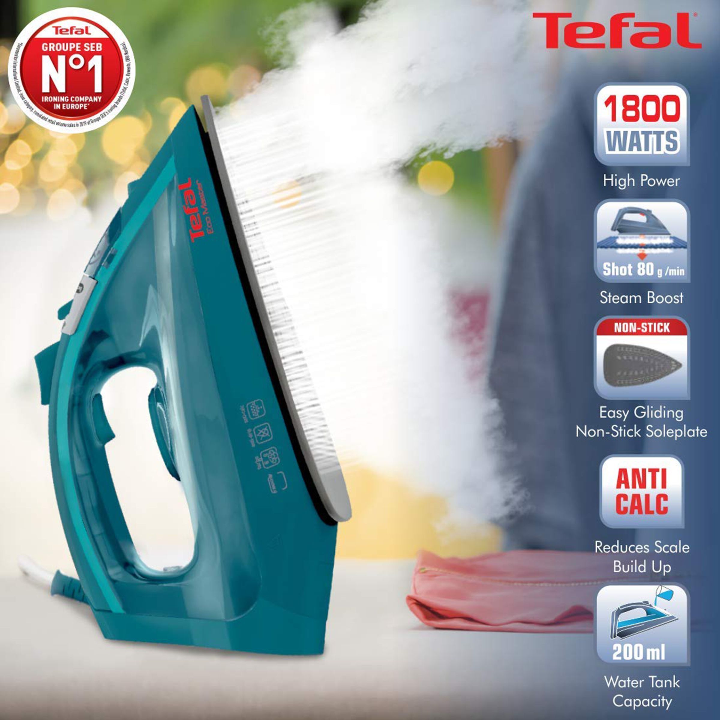 Tefal Eco Master 1800 Watts 200ml Steam Iron (Smooth-Gliding Non-Stick Soleplate, FV1720O1, Turkish Blue) Tefal Eco Master 1800 Watts 200ml Steam Iron (Smooth-Gliding Non-Stick Soleplate, FV1720O1, Turkish Blue)_6