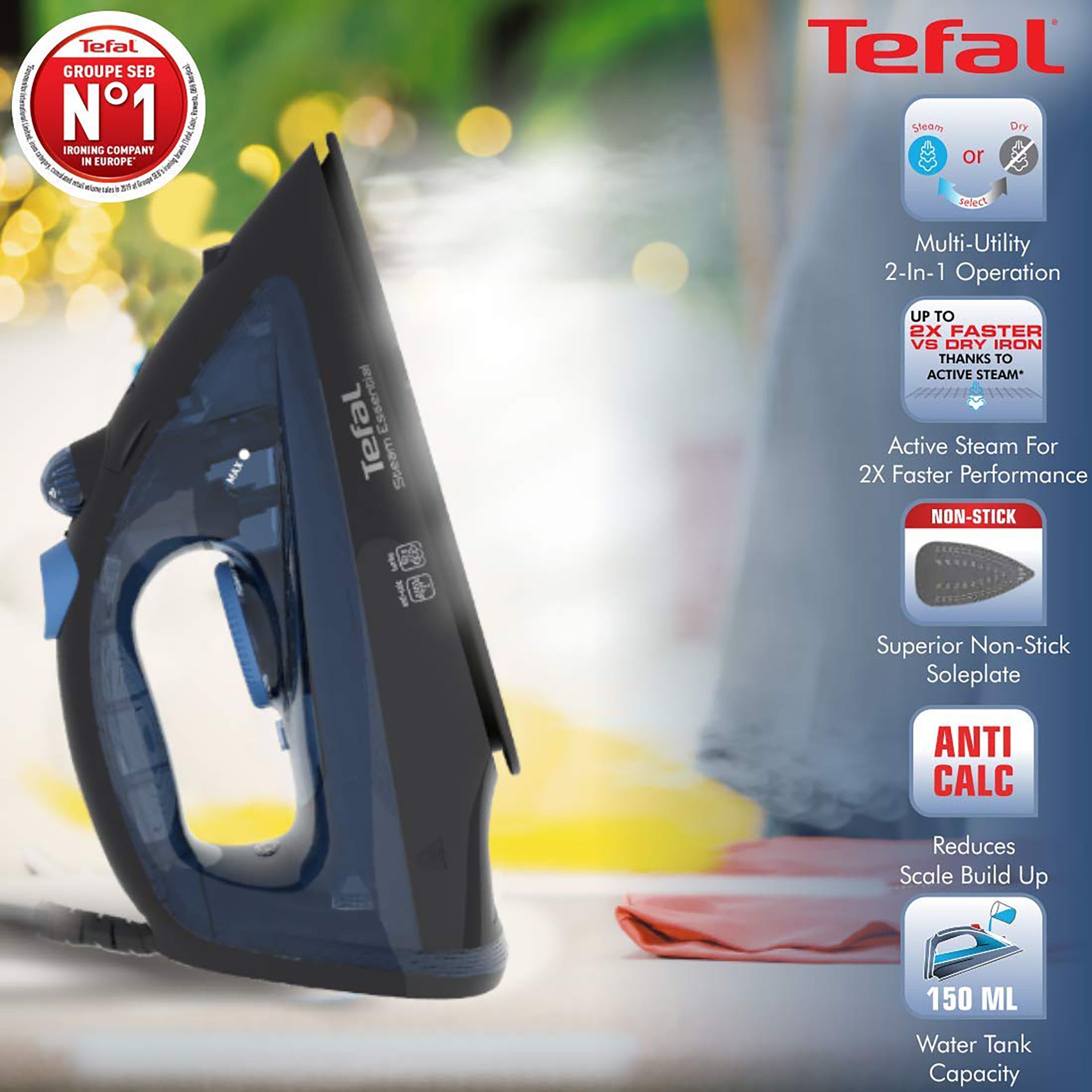 Tefal Steam Essential 1200 Watts 150ml Steam Iron (Anti-Drip Feature, Blue)_7