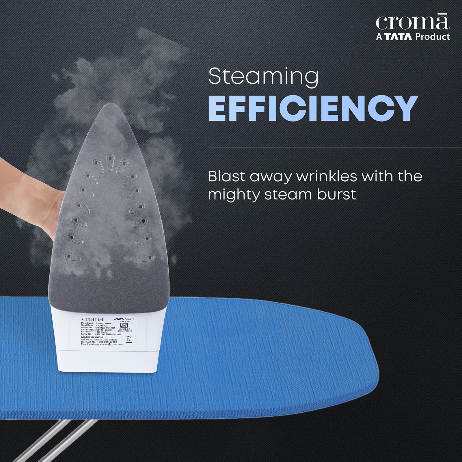 Croma 1200 Watts 180ml Steam Iron (360 Degree Swivel Cord, Blue)_2