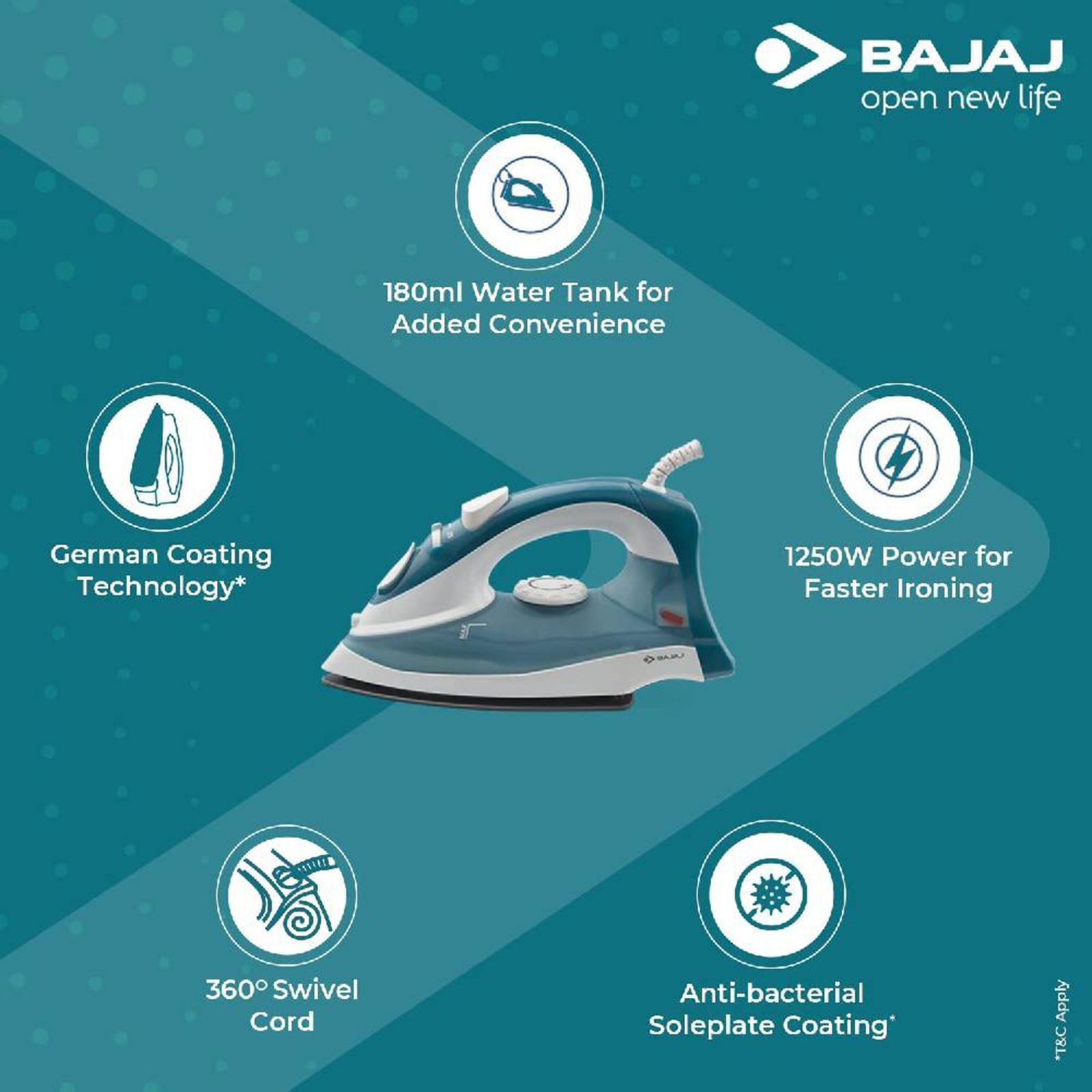 BAJAJ MX 3 Neo 1250 Watts 180ml Steam Iron (Auto Temperature Control Technology, Blue & White) BAJAJ MX 3 Neo 1250 Watts 180ml Steam Iron (Auto Temperature Control Technology, Blue & White)_9