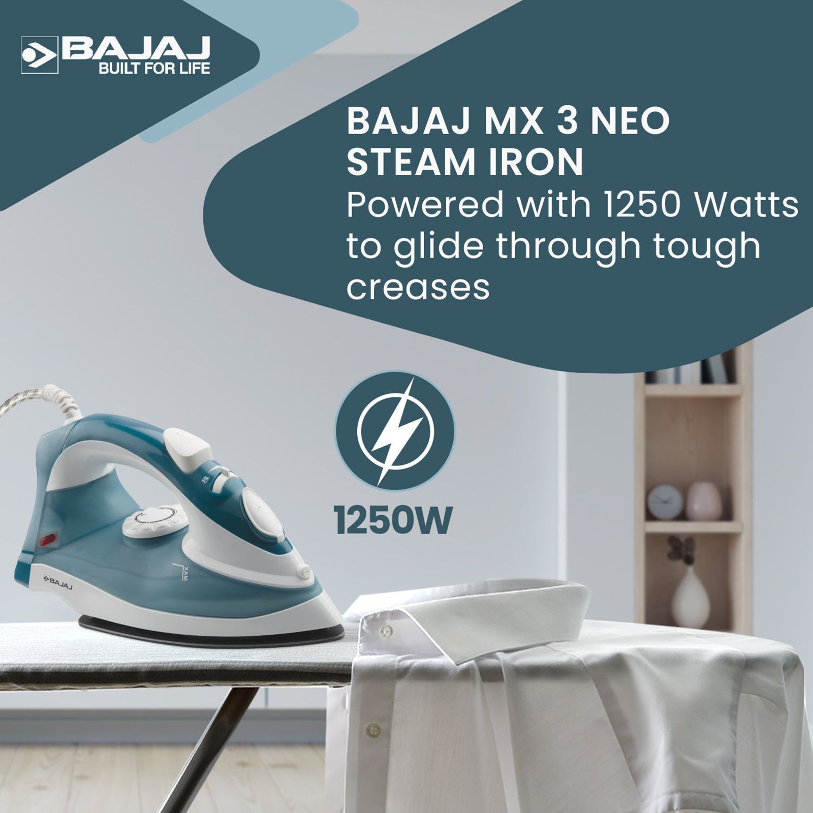 BAJAJ MX 3 Neo 1250 Watts 180ml Steam Iron (Auto Temperature Control Technology, Blue & White) BAJAJ MX 3 Neo 1250 Watts 180ml Steam Iron (Auto Temperature Control Technology, Blue & White)_3