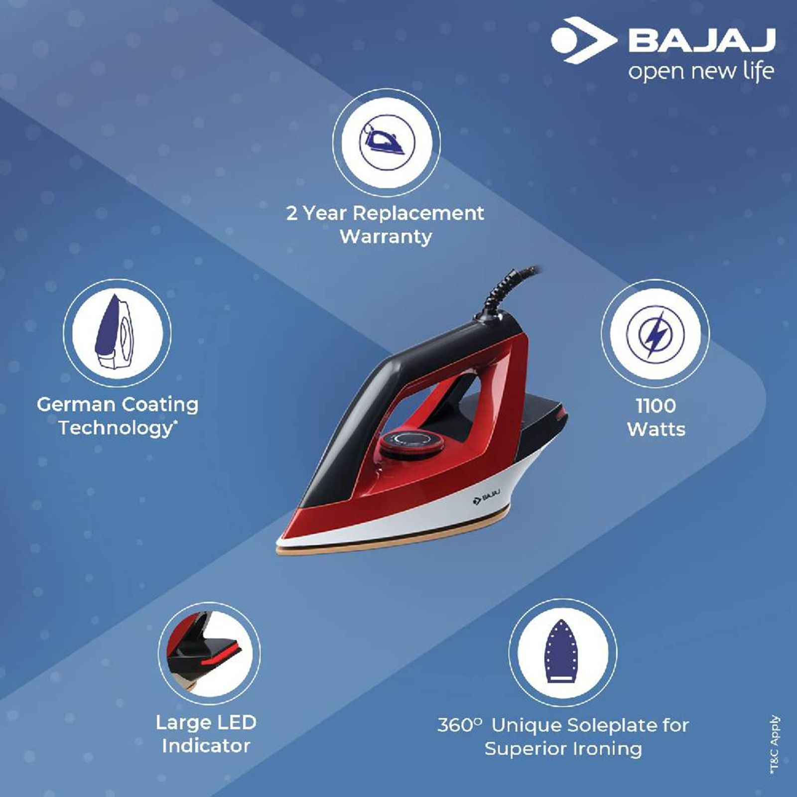 BAJAJ Splendora 1100 Watts Dry Iron (German Coating Technology, Red & Black)_5