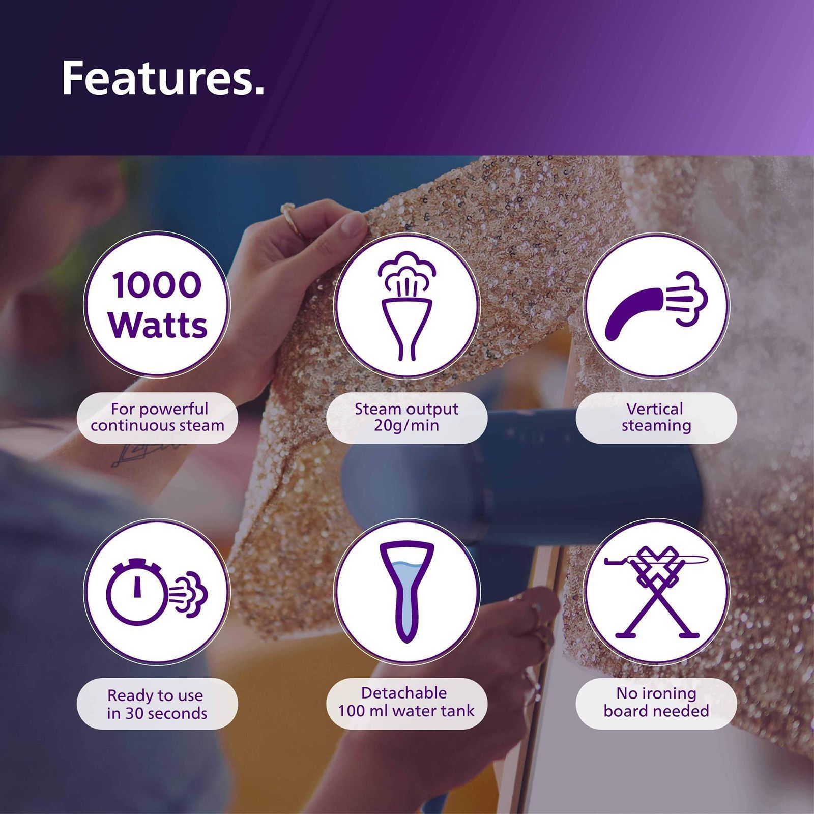 PHILIPS 3000 Series 1000 Watts Handheld Garment Steamer (100ml Water Tank, 1 Modes, Foldable, Reno Blue)_8