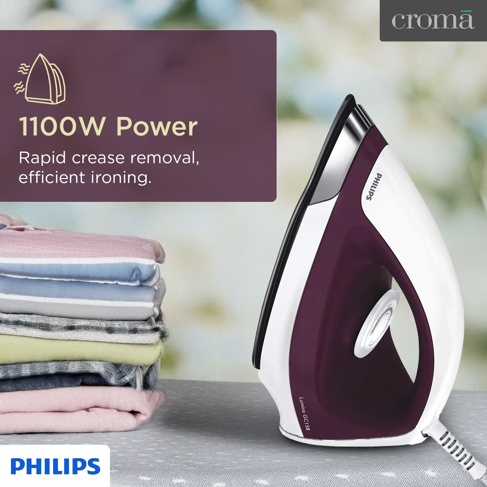 PHILIPS GC158/02 1100 Watts Dry Iron (Cast-in Soleplate Technology, Purple)_4