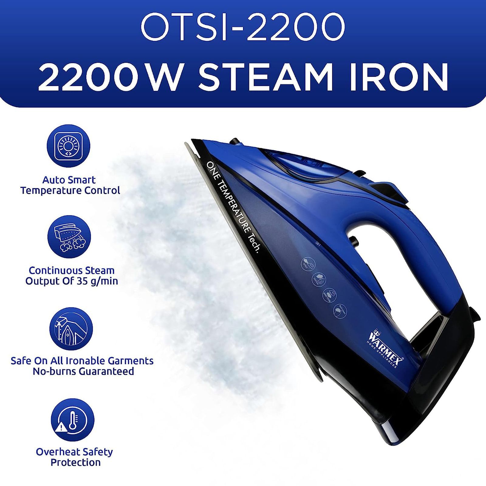 WARMEX 2200 Watts 360ml Steam Iron (3 Way Auto Shut Off Function, OTSI-2200, Blue and Black)_6
