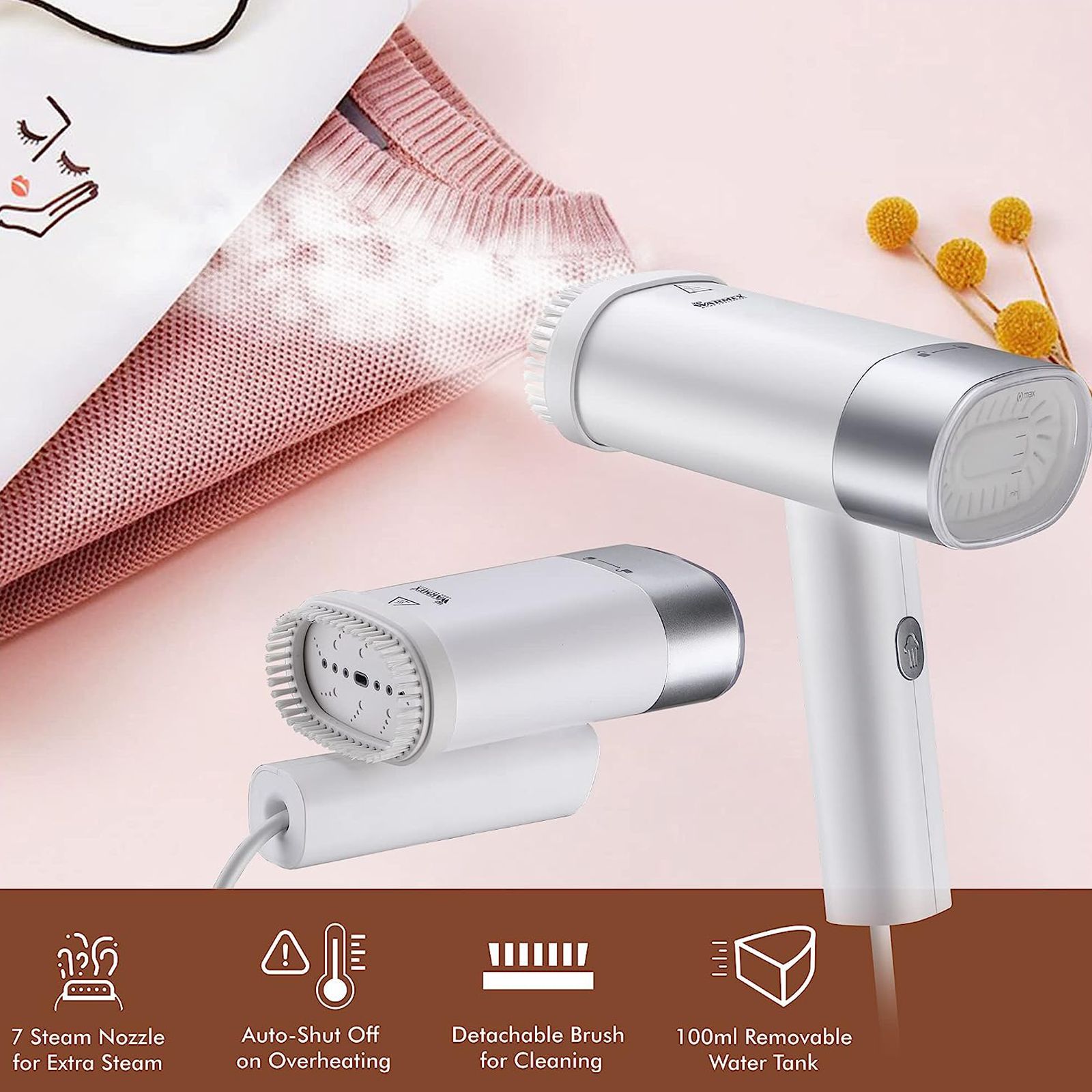 WARMEX 1200 Watts 100ml 2-in-1 Garment Steamer (Auto Shut Off Function, PGS-07, White and Silver)_2