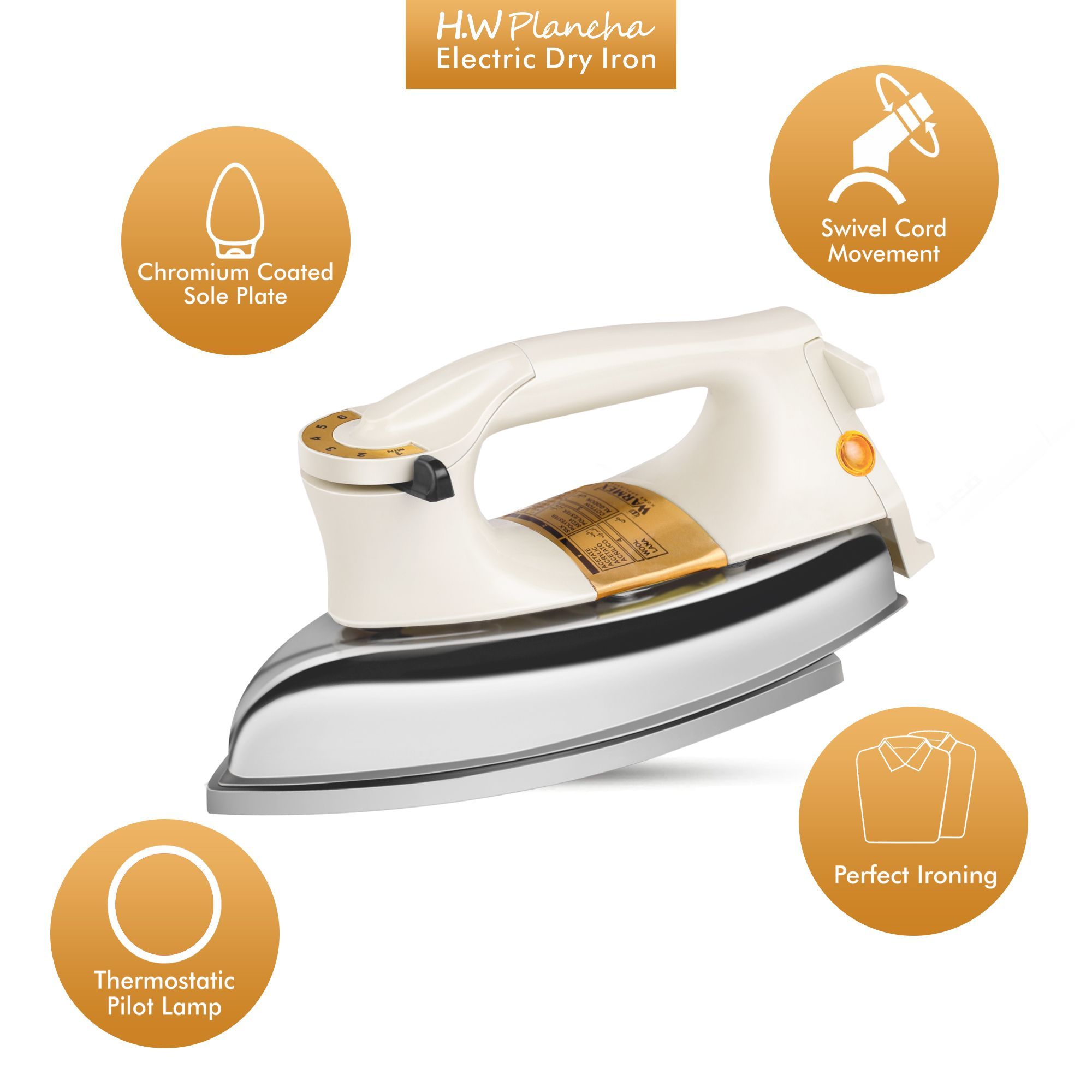 WARMEX Plancha 750 Watts Dry Iron (360 Degree Swivel Cord, Ivory and Chrome)_3