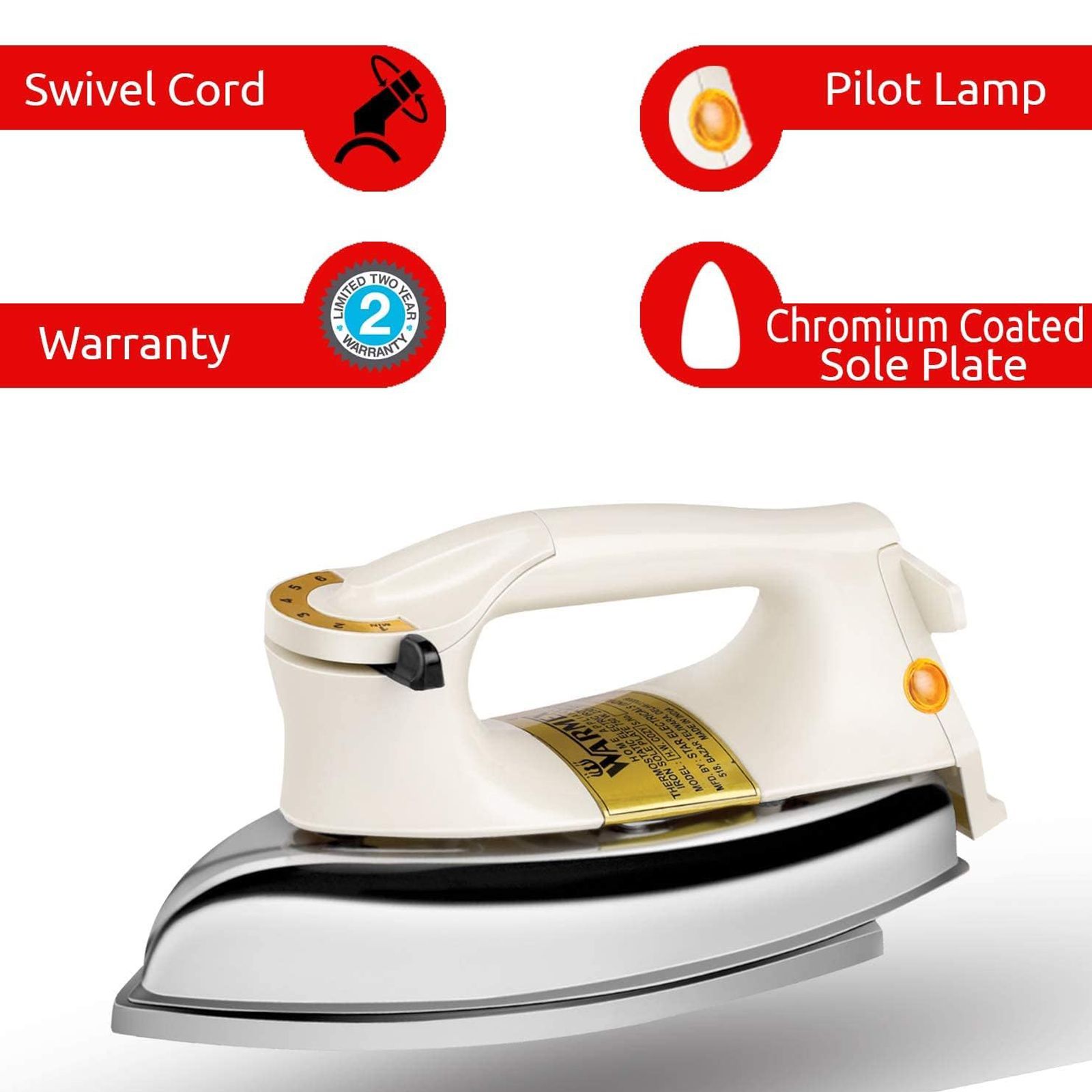 WARMEX Plancha 750 Watts Dry Iron (360 Degree Swivel Cord, Ivory and Chrome)_5