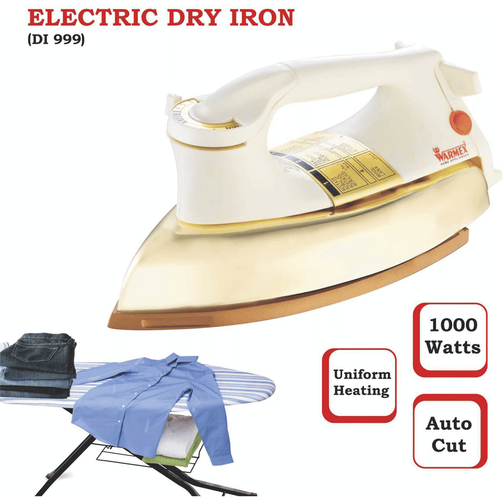 WARMEX DI999 1000 Watts Dry Iron (Automatic Shut-Off, Ivory and Golden)_3