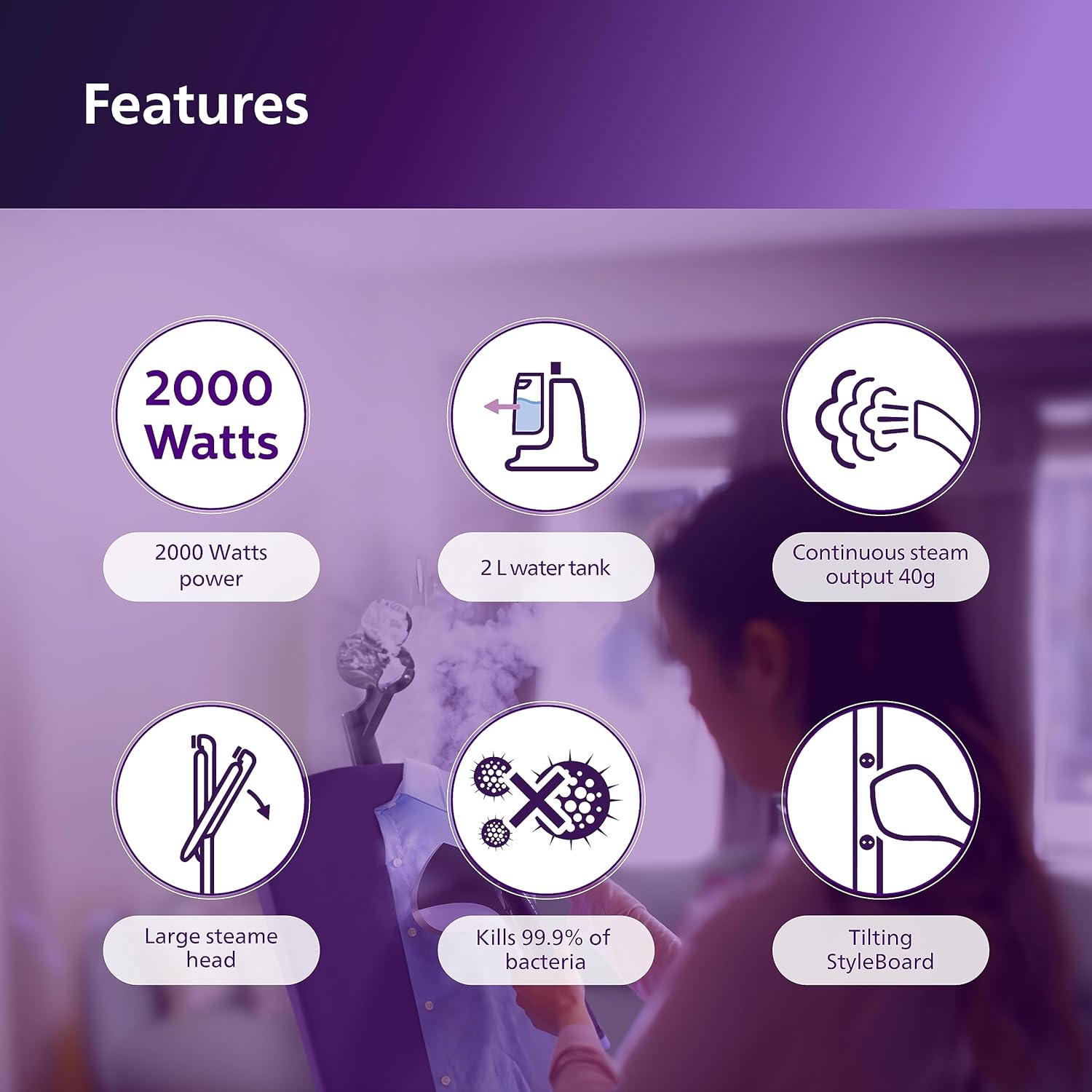 PHILIPS 3000 Series 2000 Watts Standing Garment Steamer (2000ml Water Tank, 3 Modes, Tilted StyleBoard, Purple) PHILIPS 3000 Series 2000 Watts Standing Garment Steamer (2000ml Water Tank, 3 Modes, Tilted StyleBoard, Purple)_12