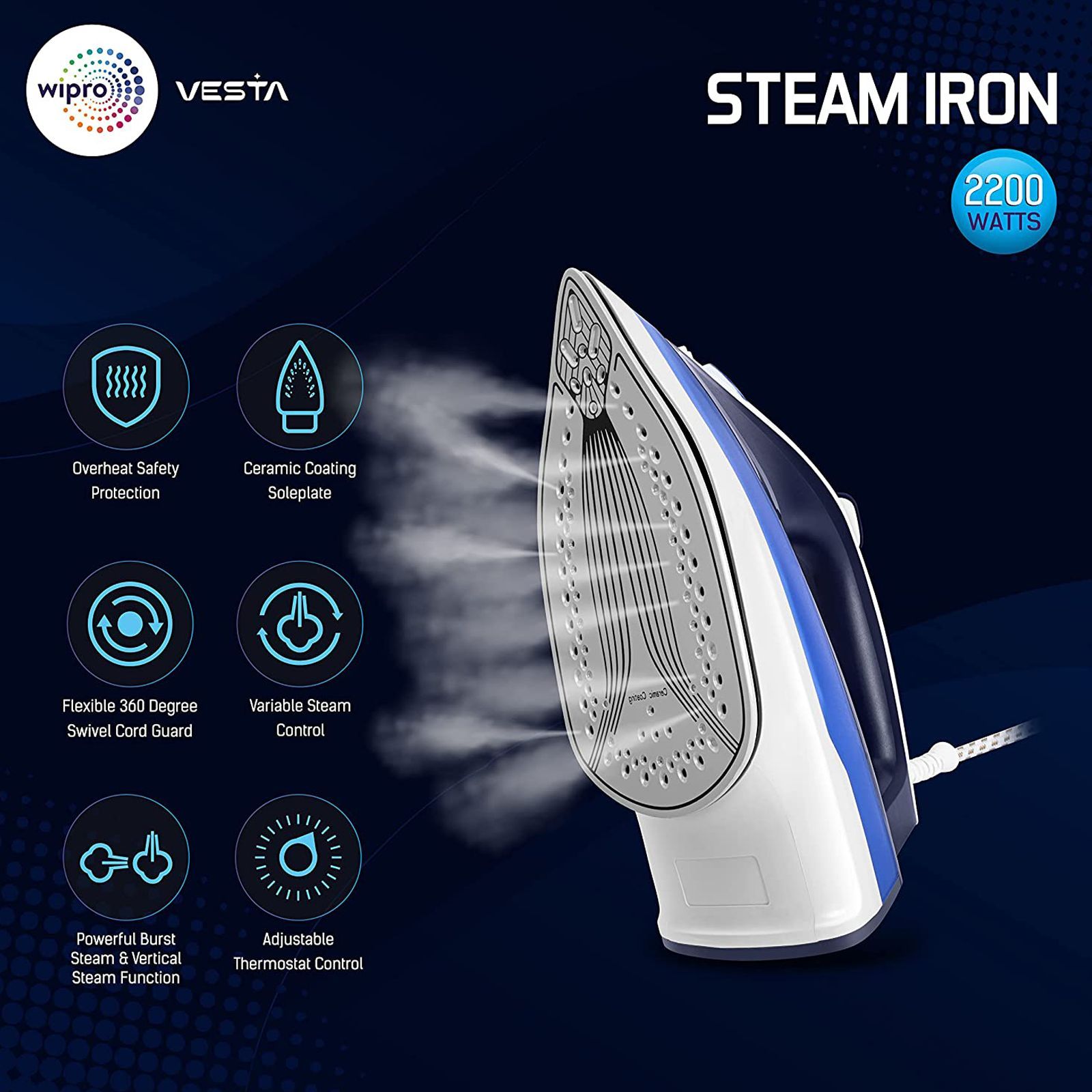 wipro Vesta 2200 Watts 300ml Steam Iron (Ceramic-coated Soleplate, VD051220, White and Navy Blue)_2