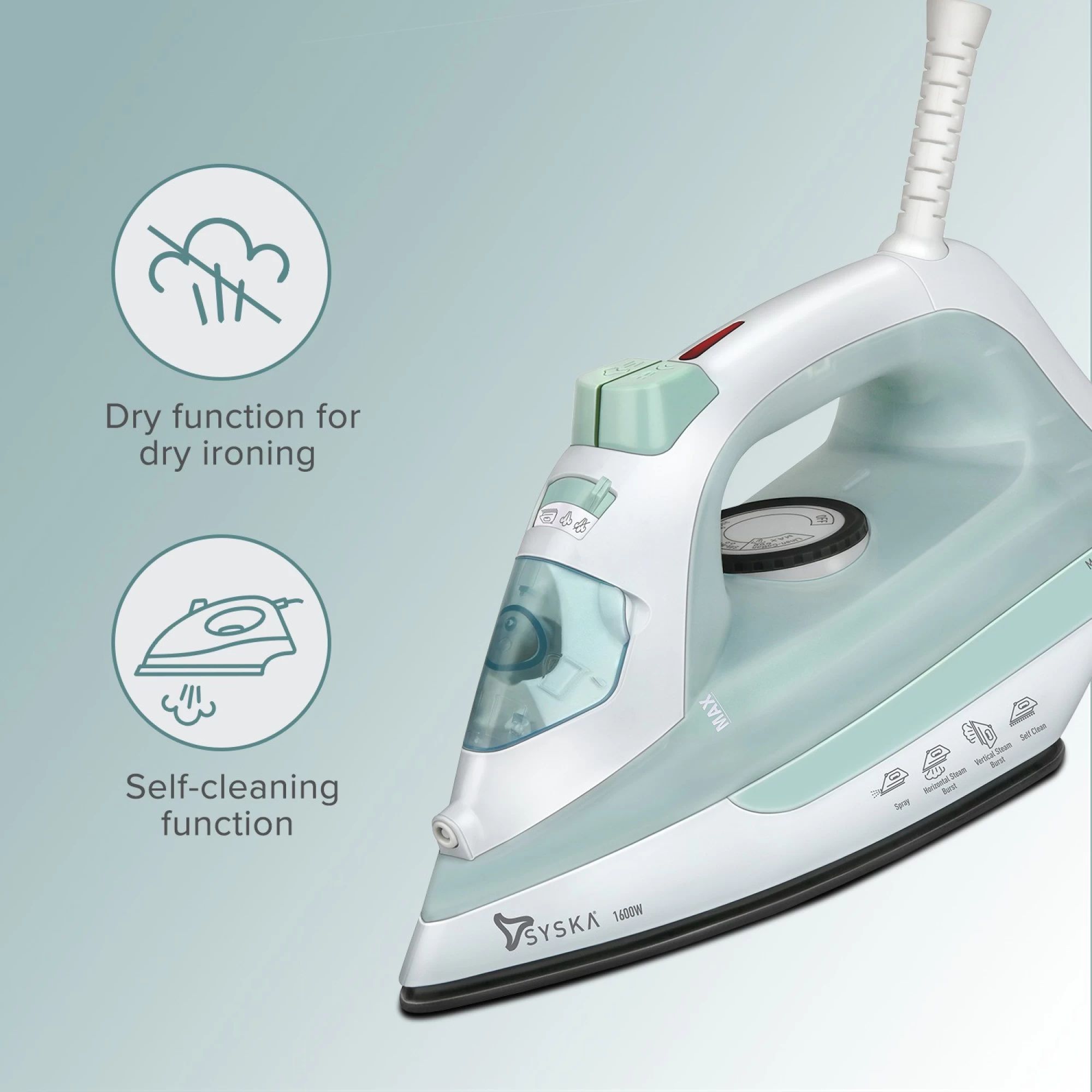 Syska Amara 1600 Watts 220ml Steam Iron (Over Heat Safety, SYSKA-SSI-1600, Sea Green)_2