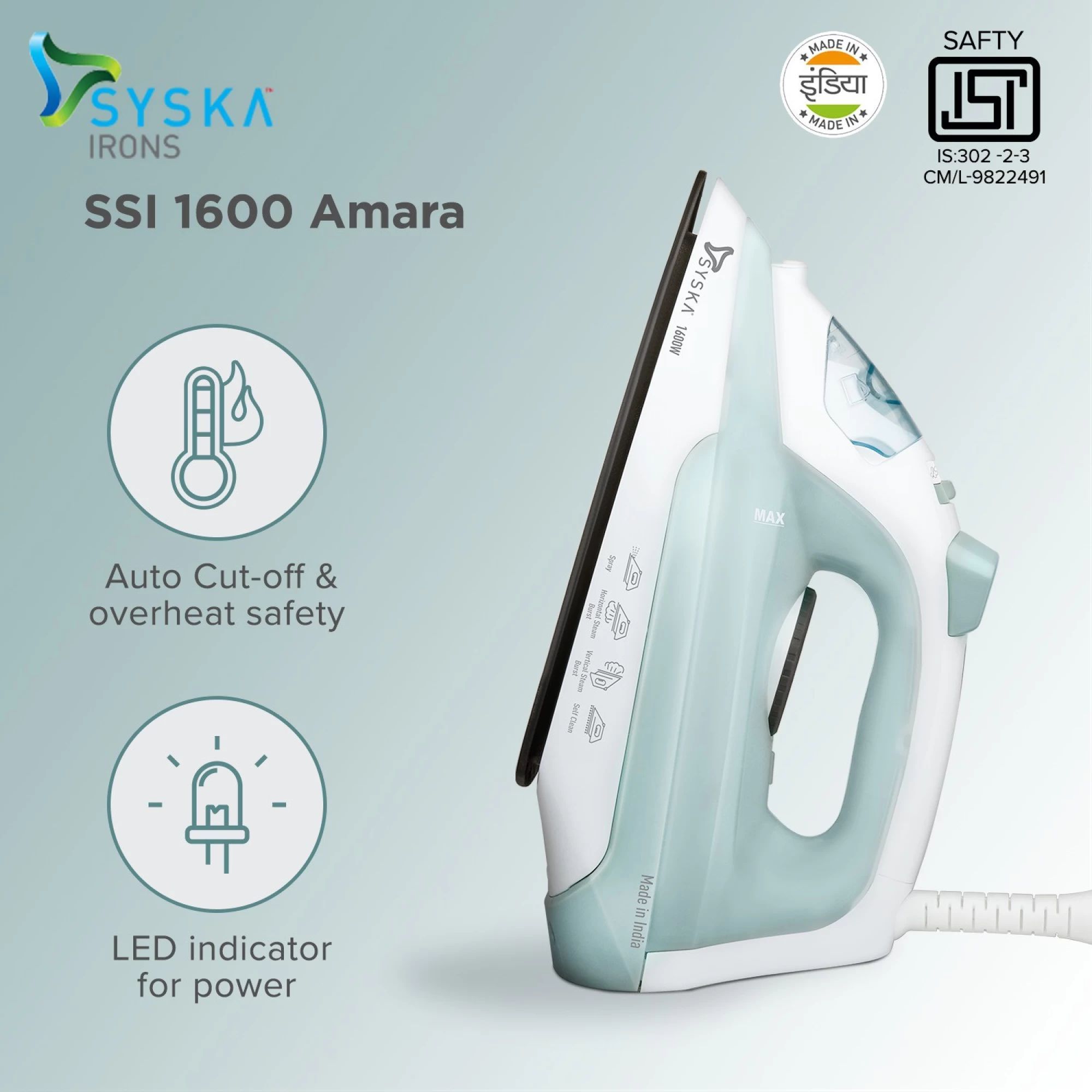 Syska Amara 1600 Watts 220ml Steam Iron (Over Heat Safety, SYSKA-SSI-1600, Sea Green)_3