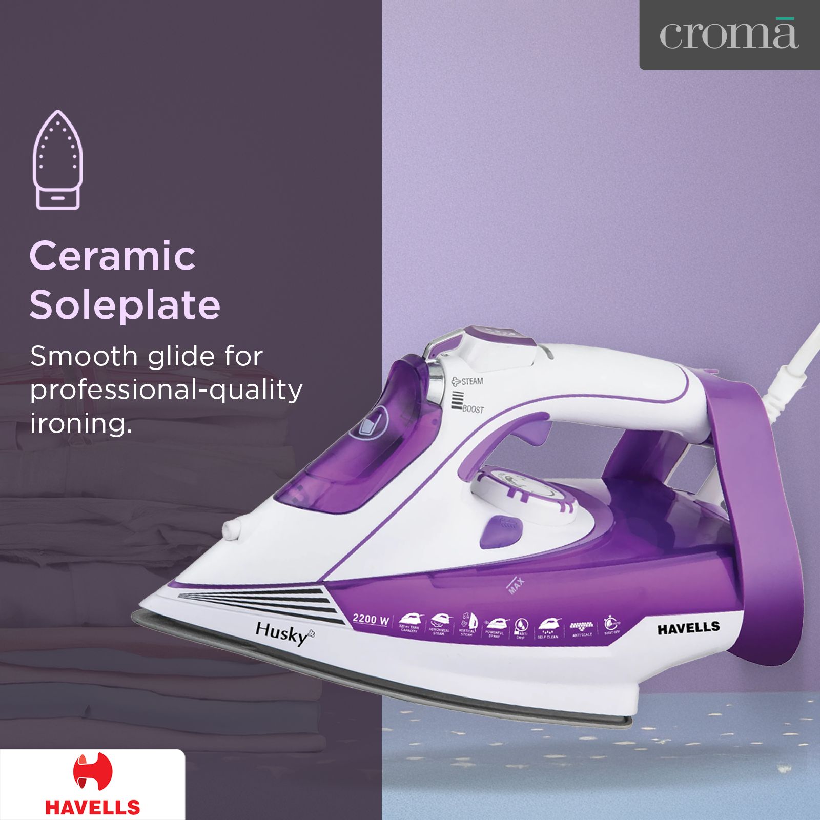 HAVELLS Husky 2200 Watts 320ml Steam Iron (Steam & Spray Burst, Purple)_5