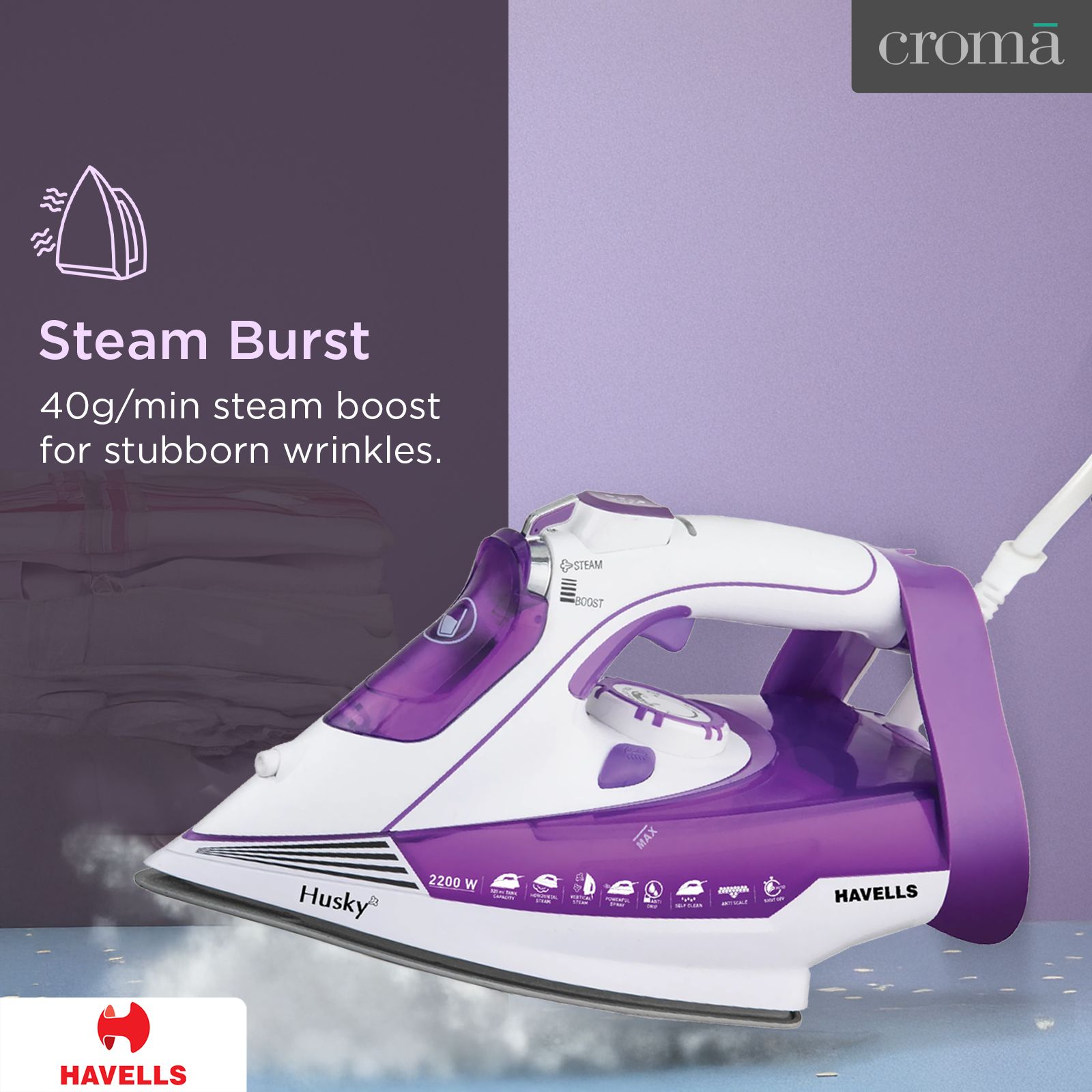 HAVELLS Husky 2200 Watts 320ml Steam Iron (Steam & Spray Burst, Purple)_4