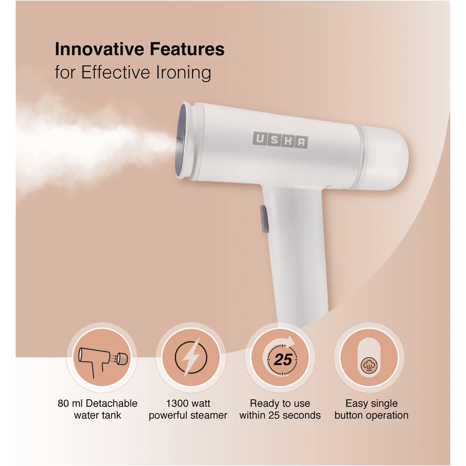 USHA Techne Direct 500 1300 Watts Handheld Garment Steamer (80ml Water Tank, 2 Modes, Self Cleaning, White)_6