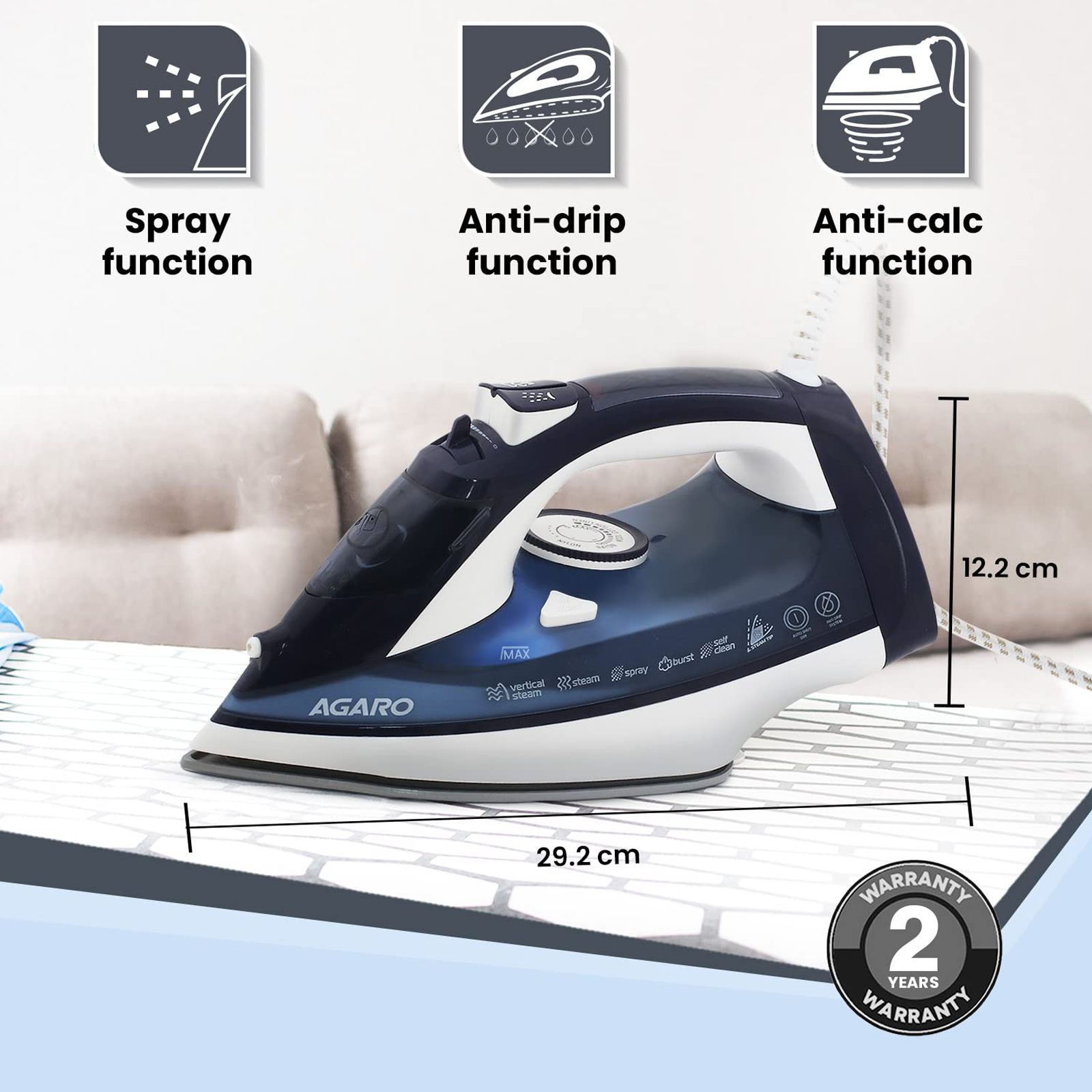 AGARO Royal 2000 Watts 320ml Steam Iron (Anti-Calc, Blue) AGARO Royal 2000 Watts 320ml Steam Iron (Anti-Calc, Blue)_5
