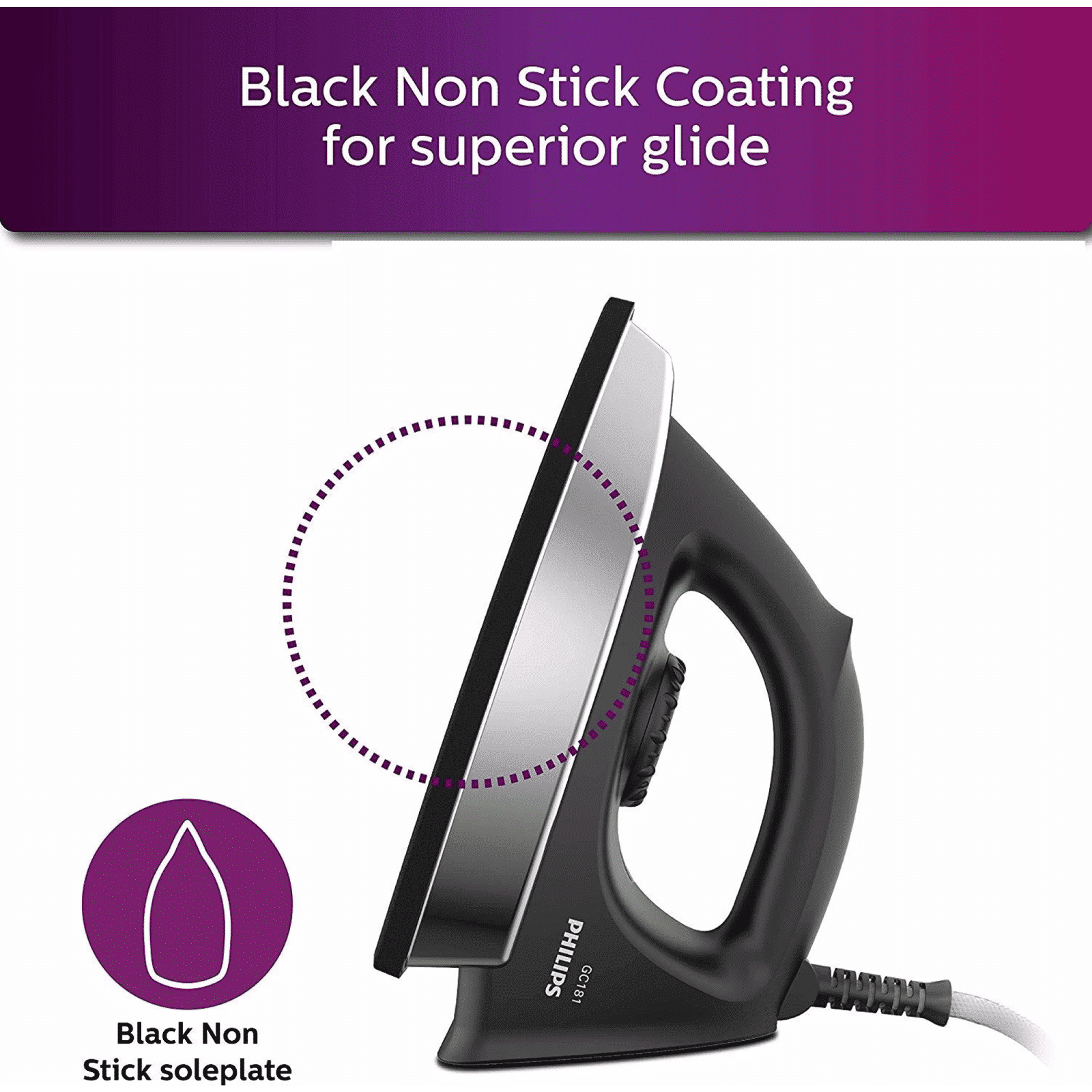 PHILIPS GC181/80 1000 Watts Dry Iron (Ergonomic Grip, Black)_6