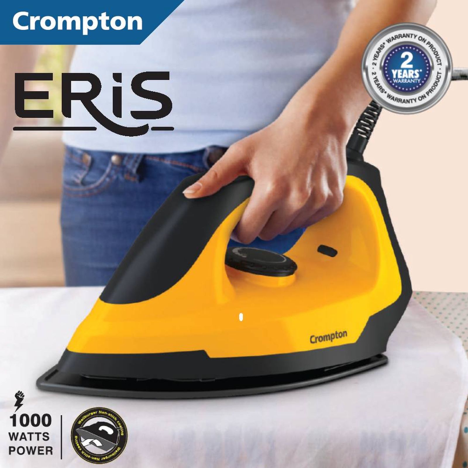 Crompton Eris 1000 Watts Dry Iron (6 Fabric Settings, Yellow & Black)_4